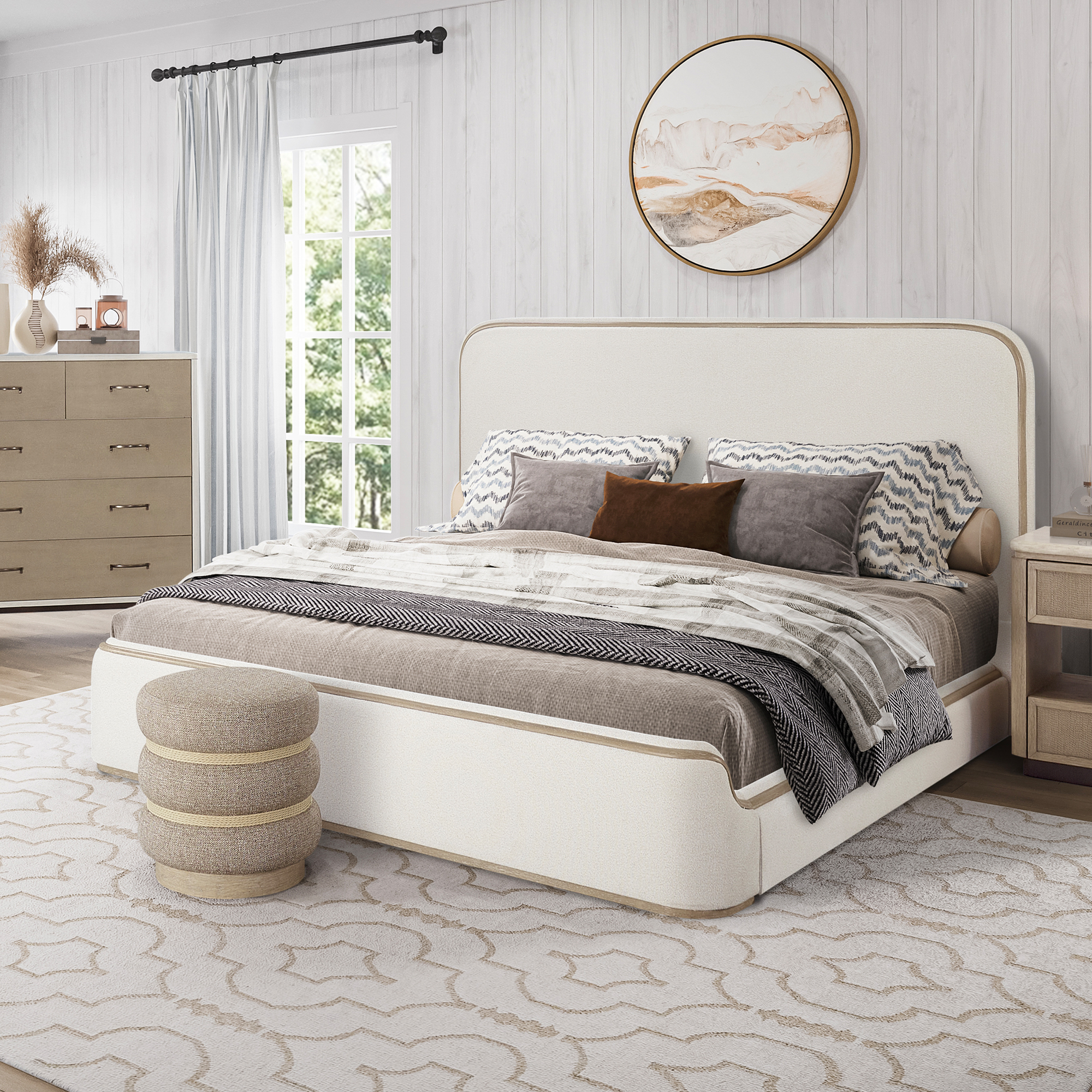 Calen Upholstered Bed with Sculpted Corners and Wood Trim, Queen