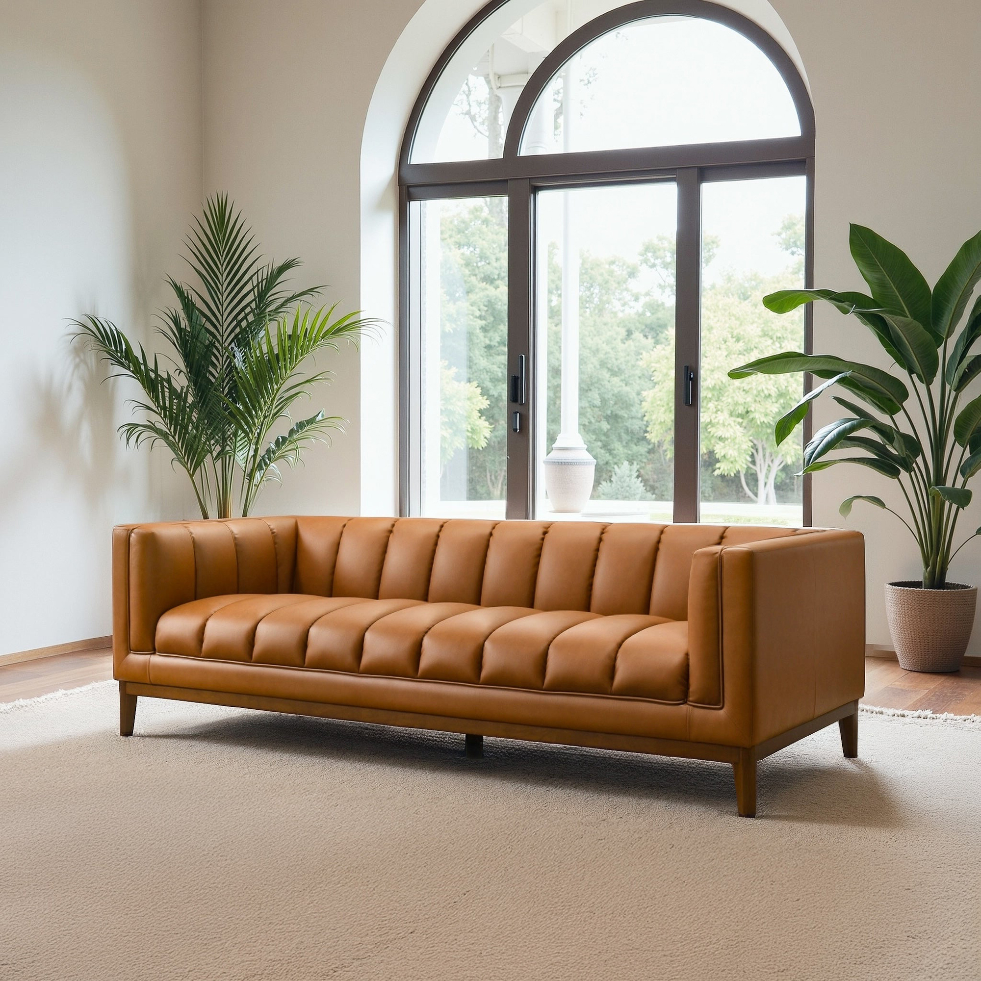 Riverton Mid-Century Modern Channel-Tufted Vegan Leather Tuxedo Sofa with Rubberwood Legs