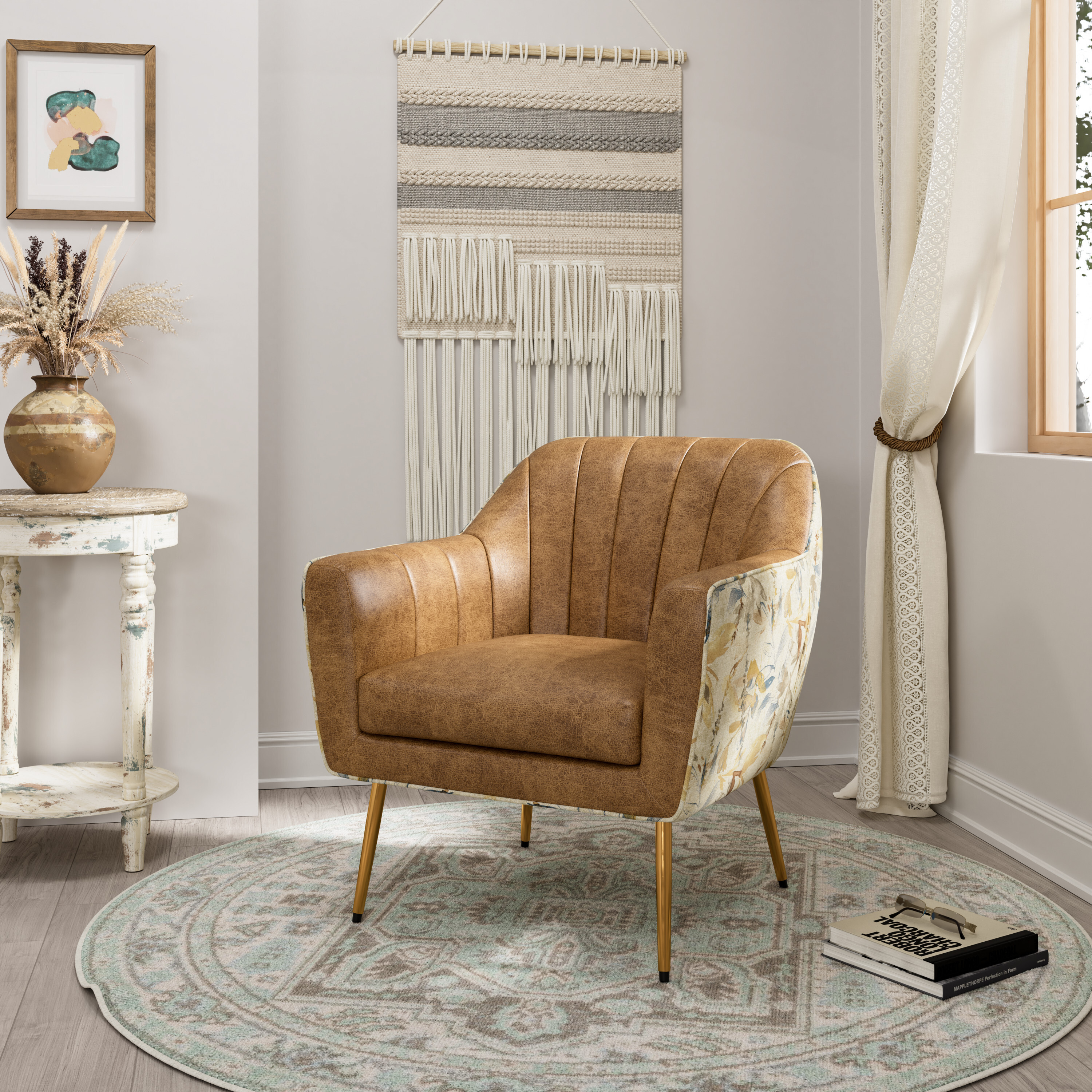 Rosalind Faux Leather Upholstered Barrel Accent Chair with Floral Back and Gold Legs