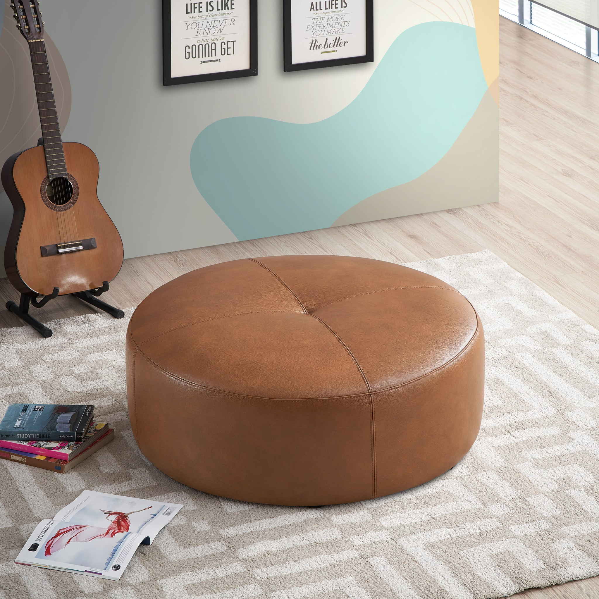 Barron Genuine Leather Round Cocktail Ottoman, Tan