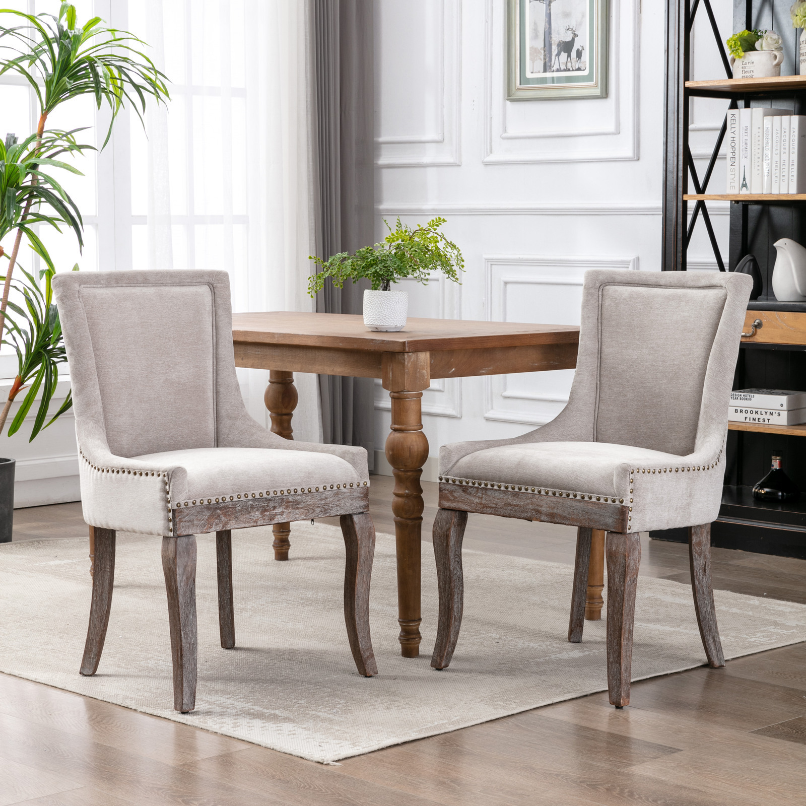 Rowena Upholstered Parsons Dining Chair with Nailhead Trim and Distressed Wood Legs, Set of 2, Polyester Beige
