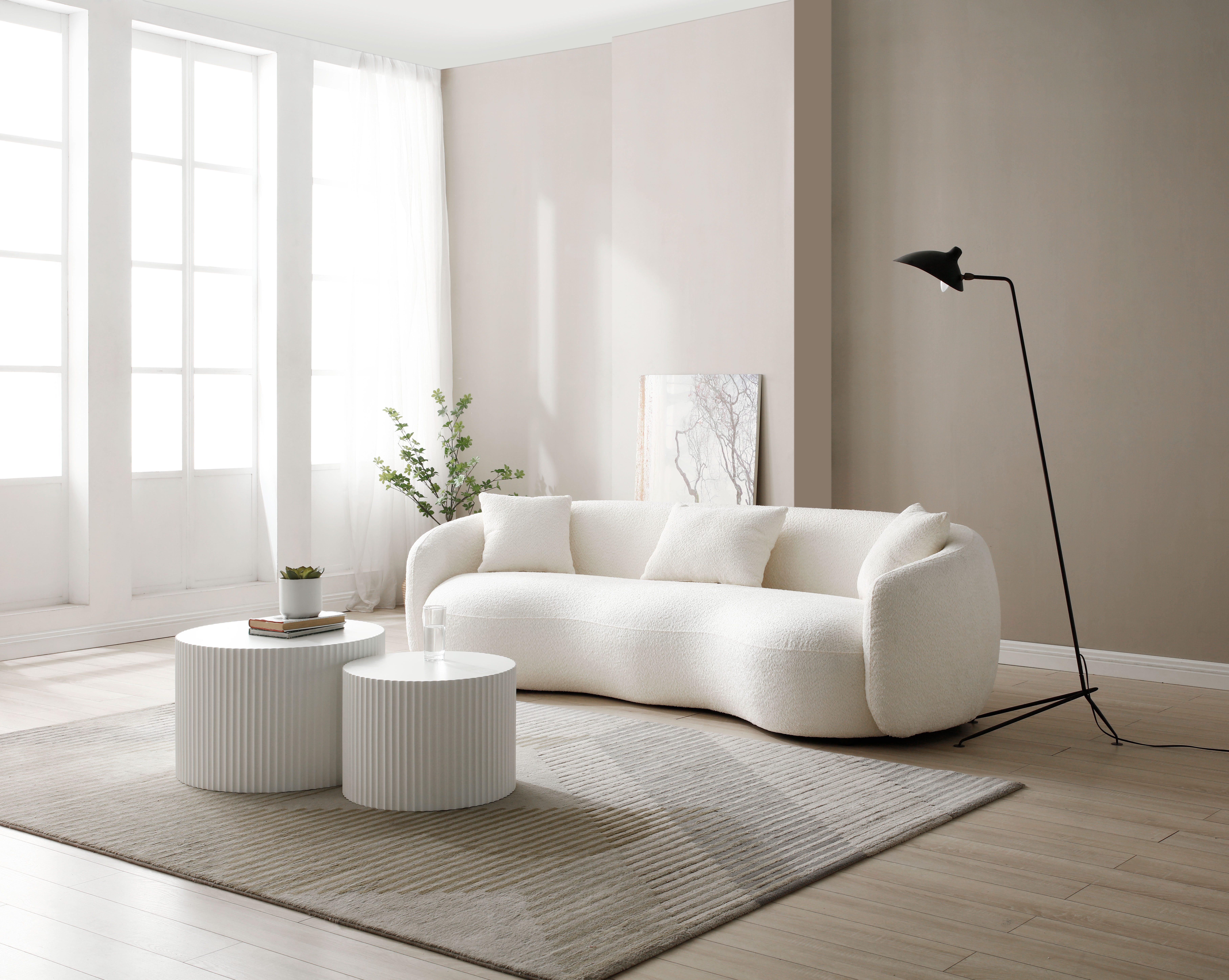 Cambrie Curved Sofa in Off-White Bouclé with 3 Throw Pillows