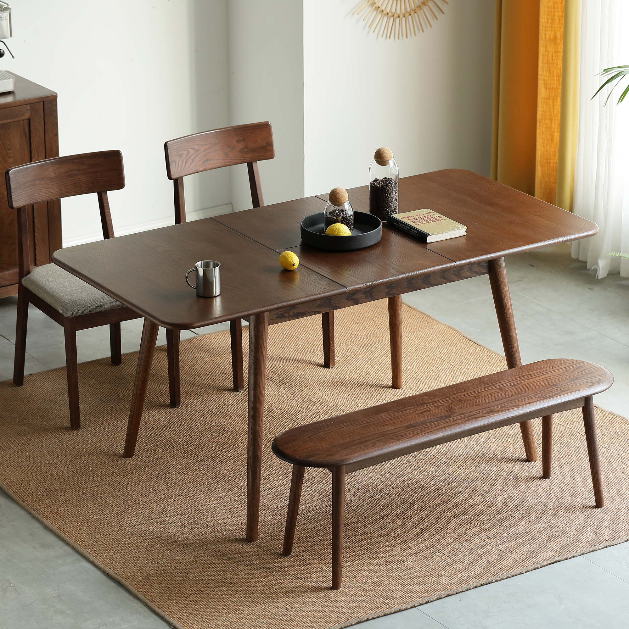 Ravelle Walnut Solid Oak Mid-Century Modern Telescopic Dining Table with Rounded Corners