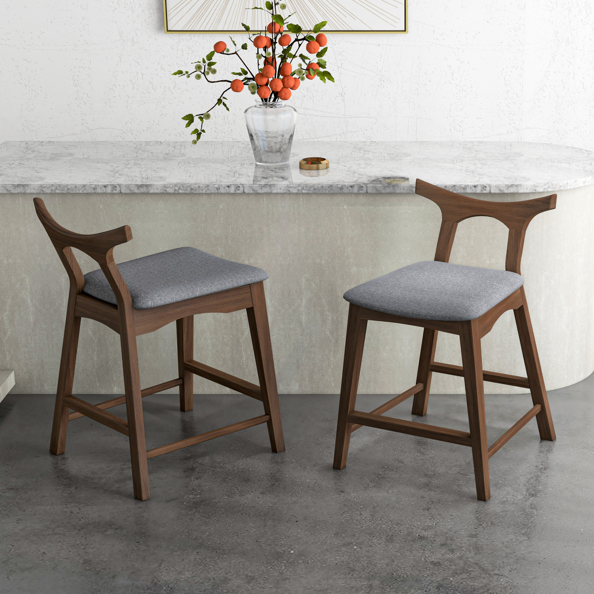 Kyler Solid Wood Bar Stool with Sculptural Backrest, Set of 2