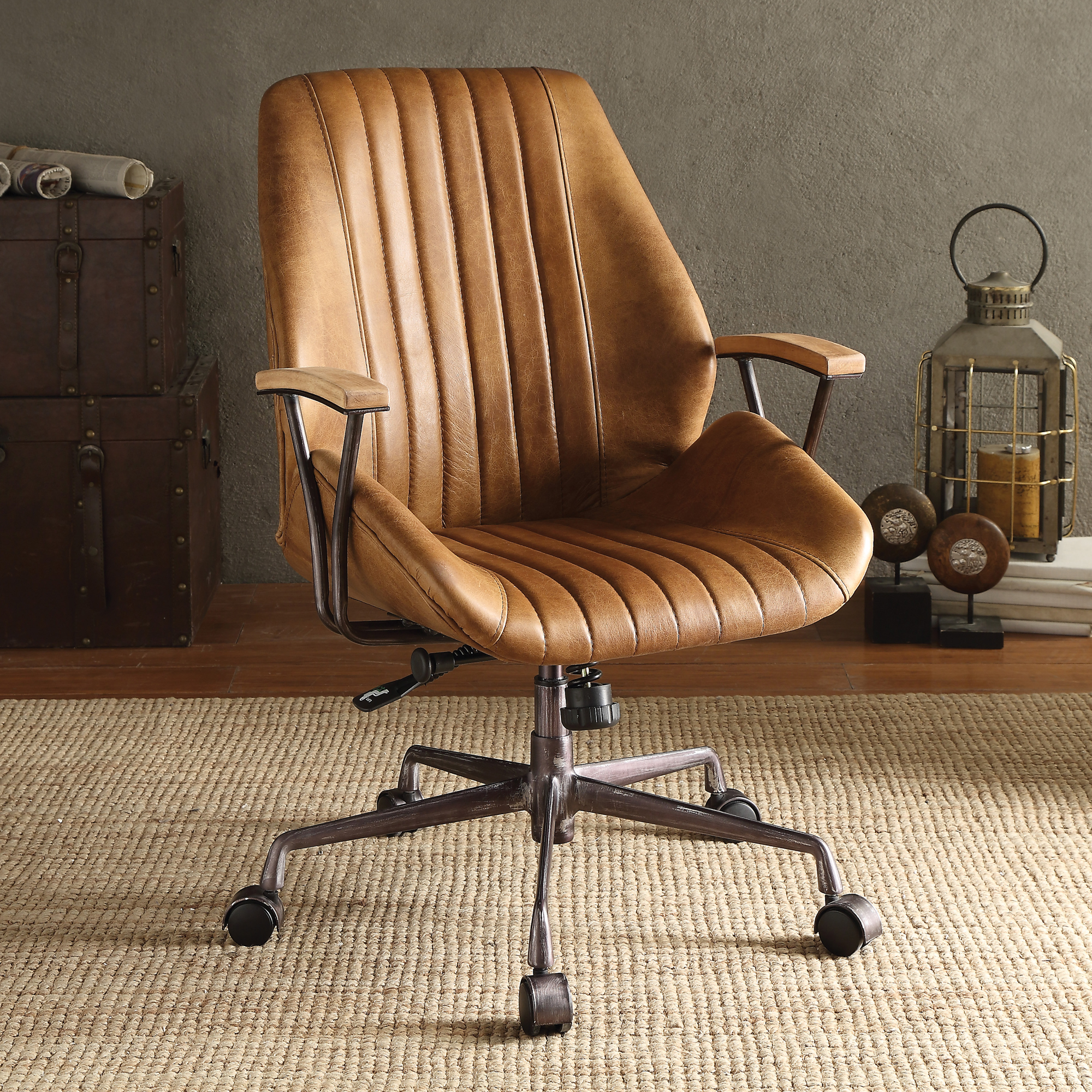 Cortona Coffee Top Grain Leather Office Chair with Wooden Armrests and Swivel Base