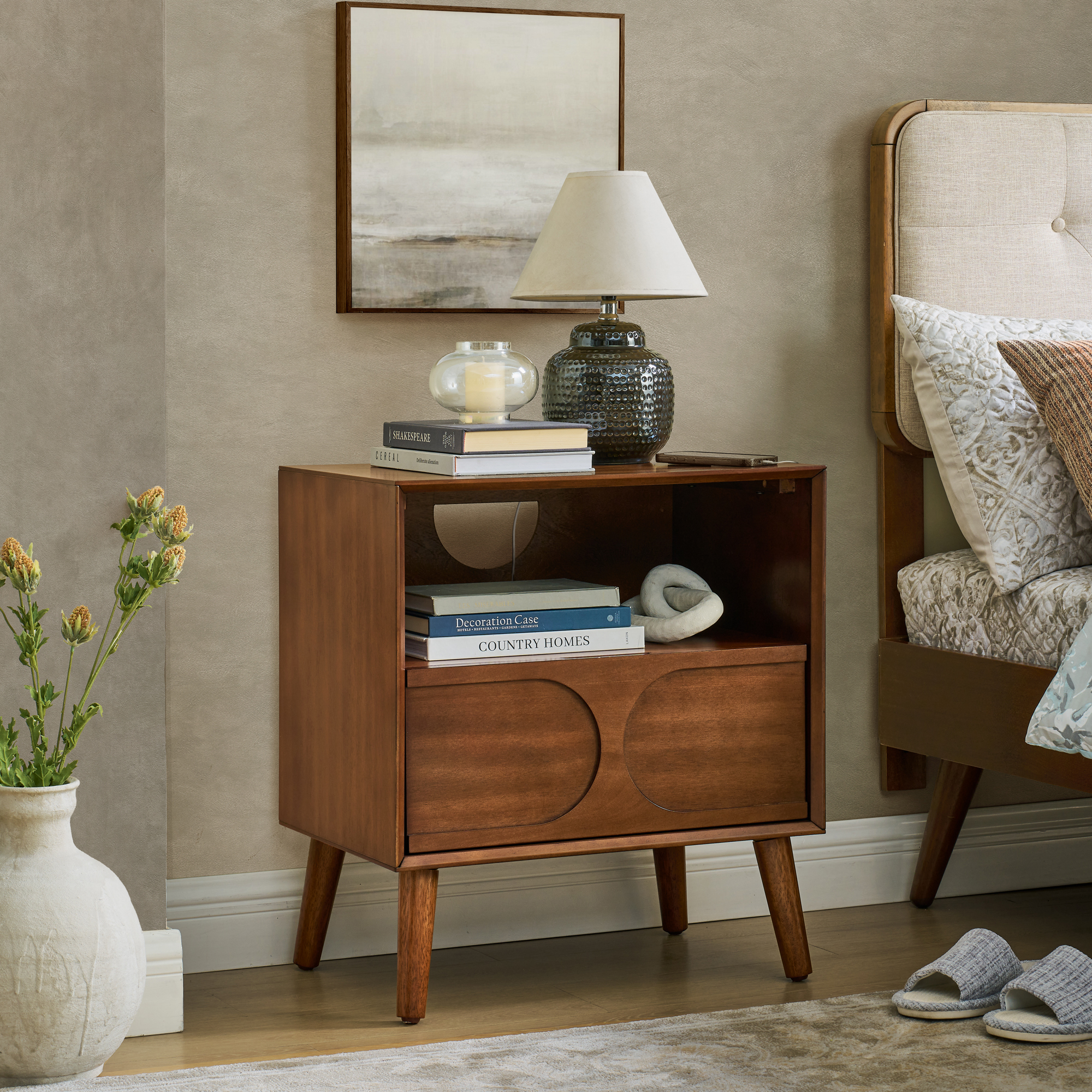 Larkin Mid-Century Nightstand with Integrated Outlets & USB Ports, Walnut Finish