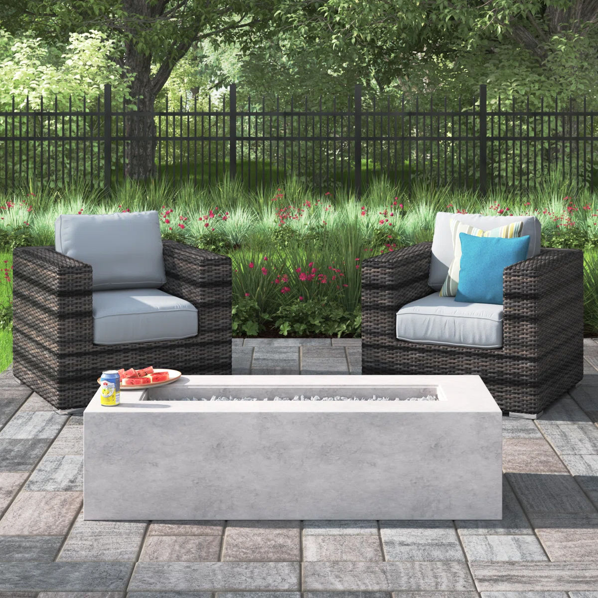 Virello 3-Piece Outdoor Seating Set with Fire Pit Table and Cushioned Wicker Club Chairs