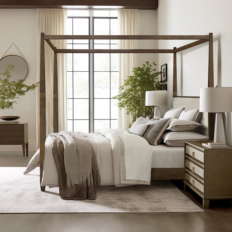 Isadora Queen Canopy Bed with Upholstered Headboard in Brown Finish