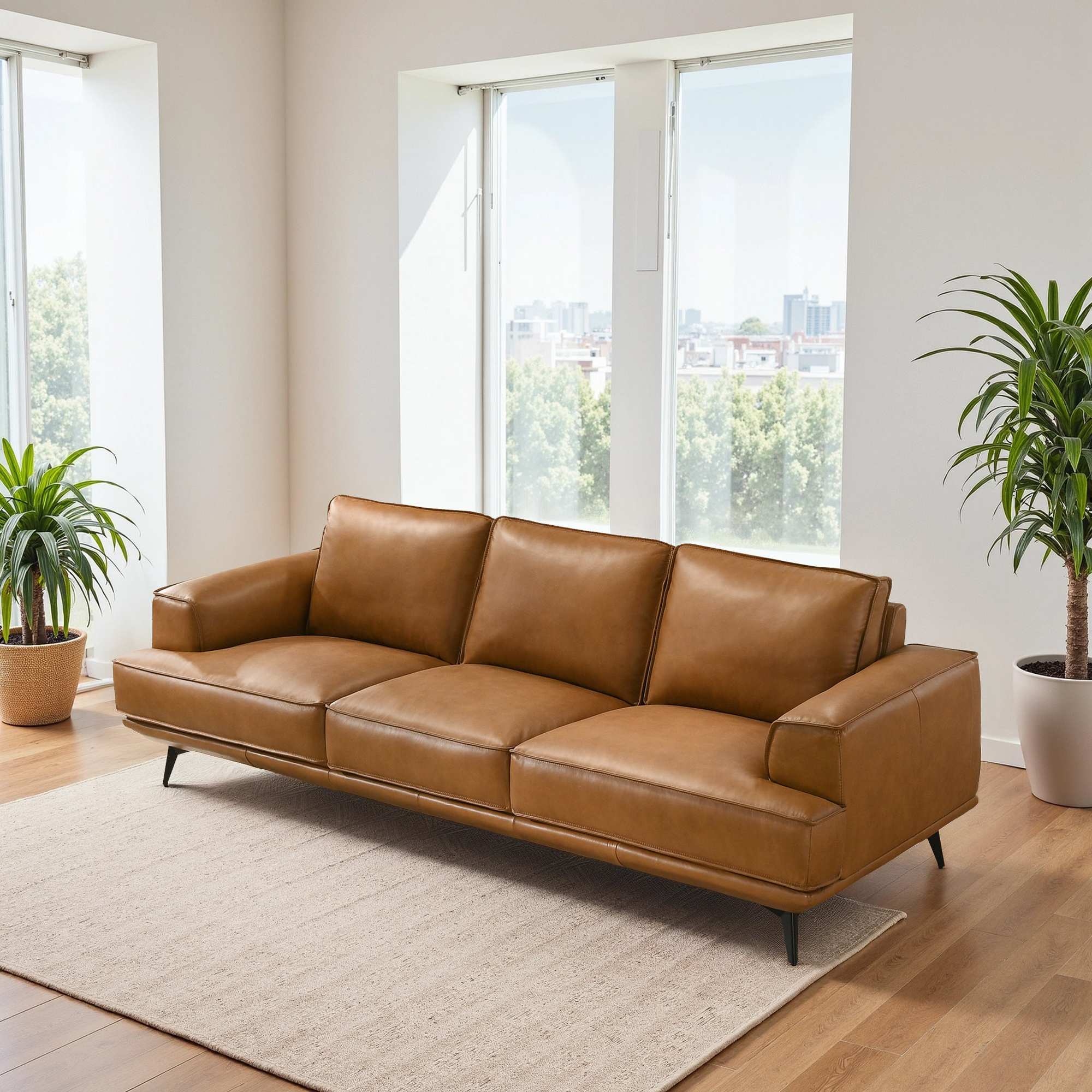 Claybourne Genuine Leather Modern Sofa with Track Arms & Metal Legs