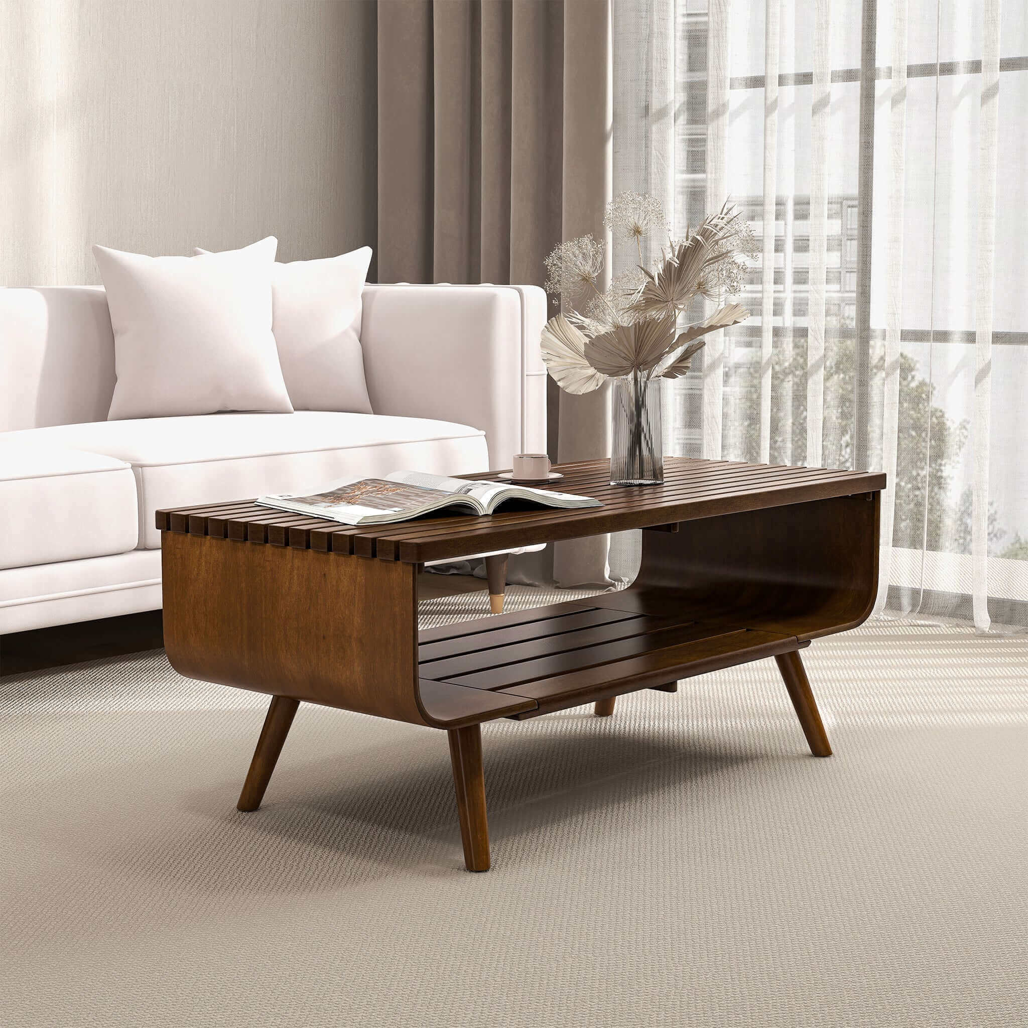Marlo Solid Wood Slatted Coffee Table with Open Storage Shelf, Walnut