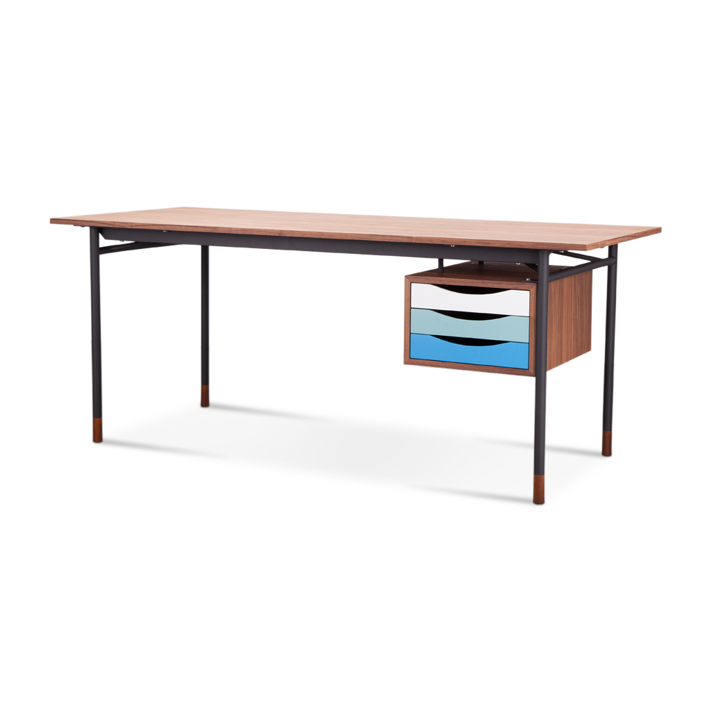 Nyhavn Walnut Veneer Writing Desk with Black Stainless Steel Legs and Lacquered Drawers