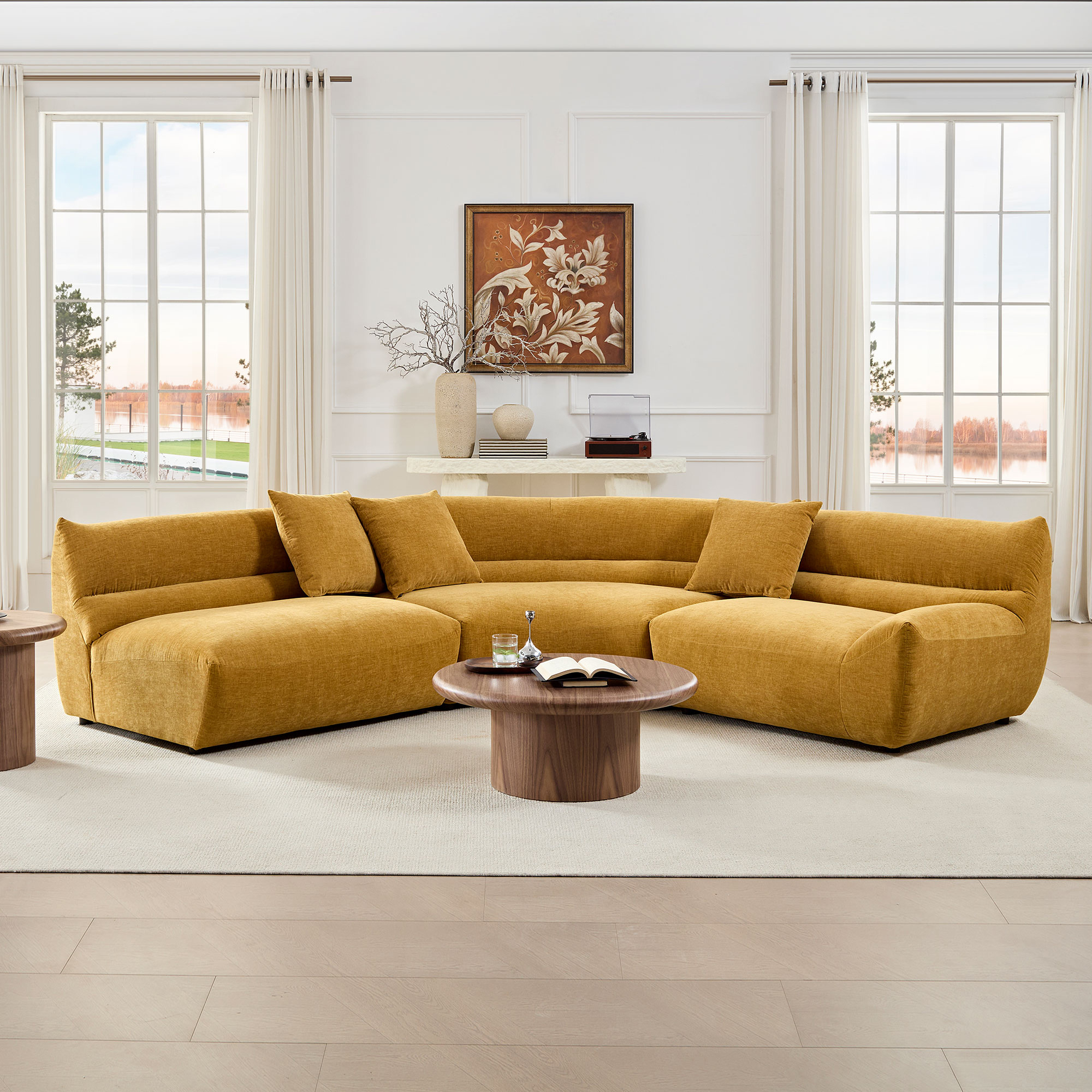 Sienna Modern Curved 3-Piece Modular Sectional Sofa with Deep Seating and Toss Pillows