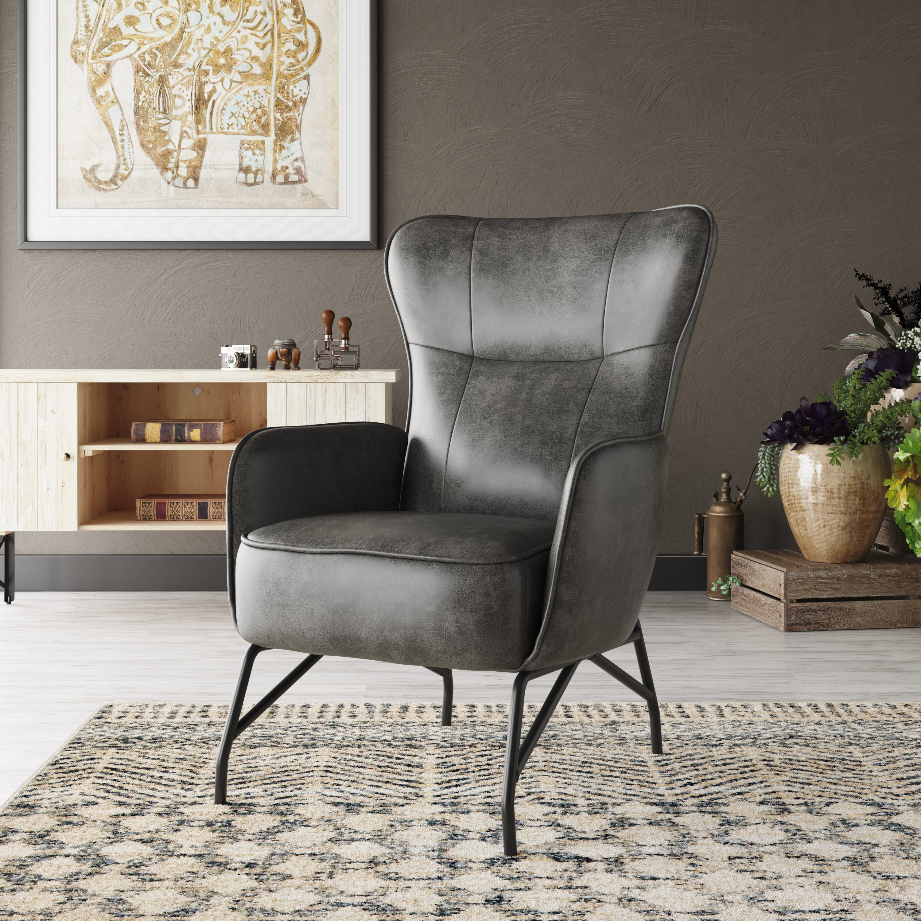 Blaine Faux Leather Wingback Accent Chair, Charcoal Gray