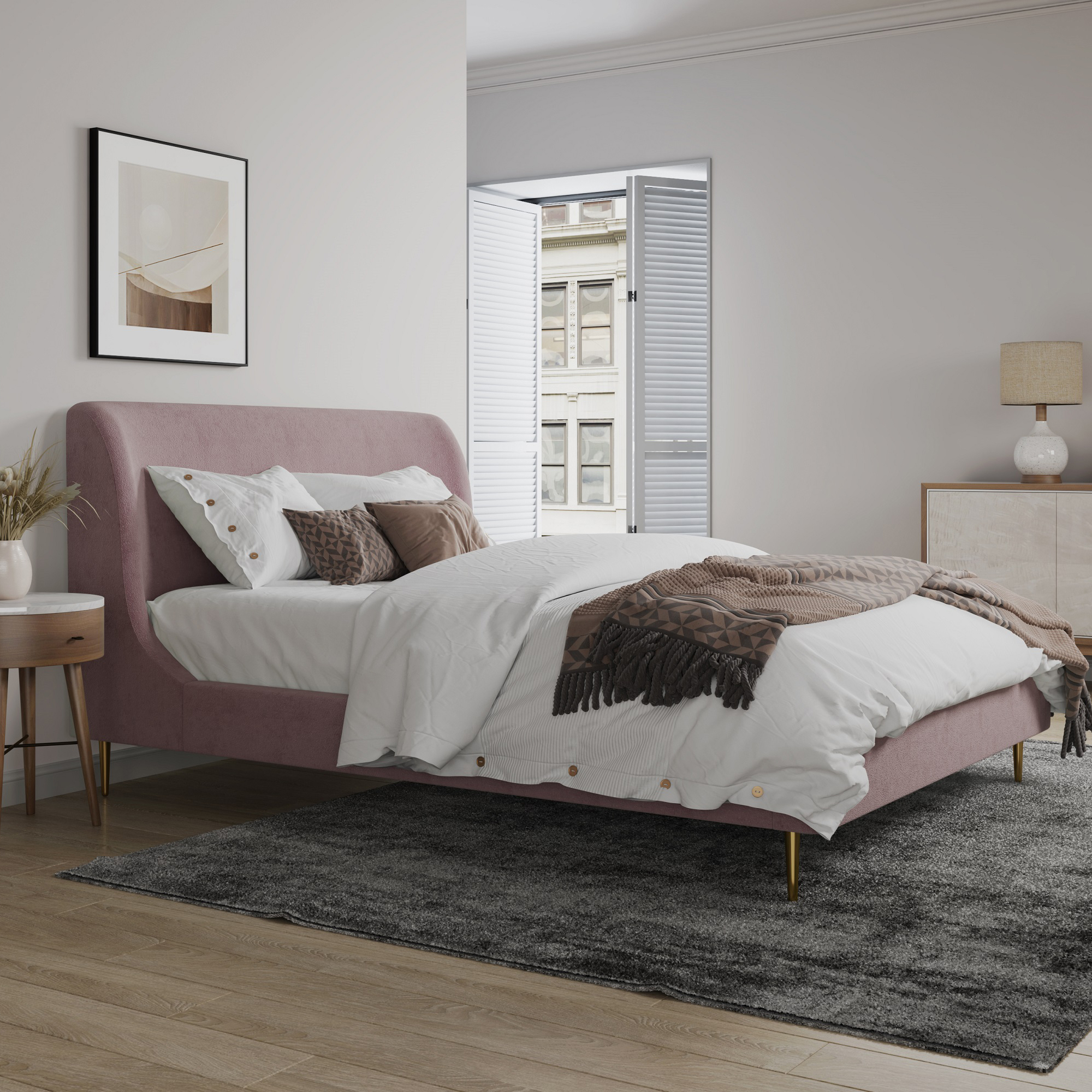 Liora Curved Headboard Upholstered Platform Bed, Queen, Blush Pink Velvet