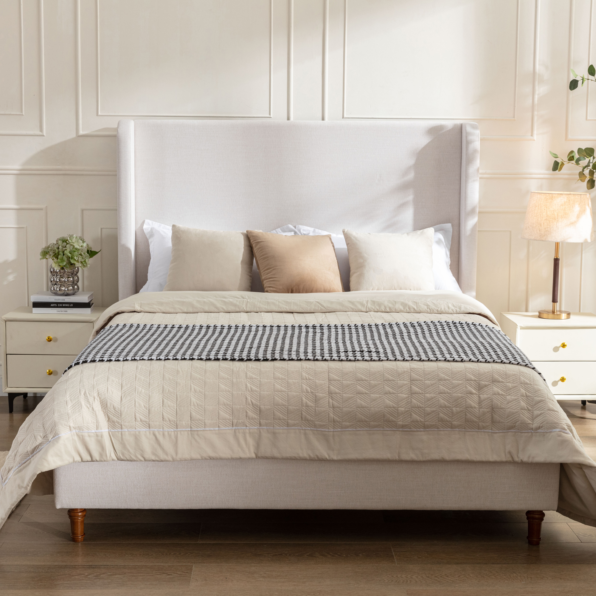 Noelle Upholstered Wingback Platform Bed, King, Chenille Ivory
