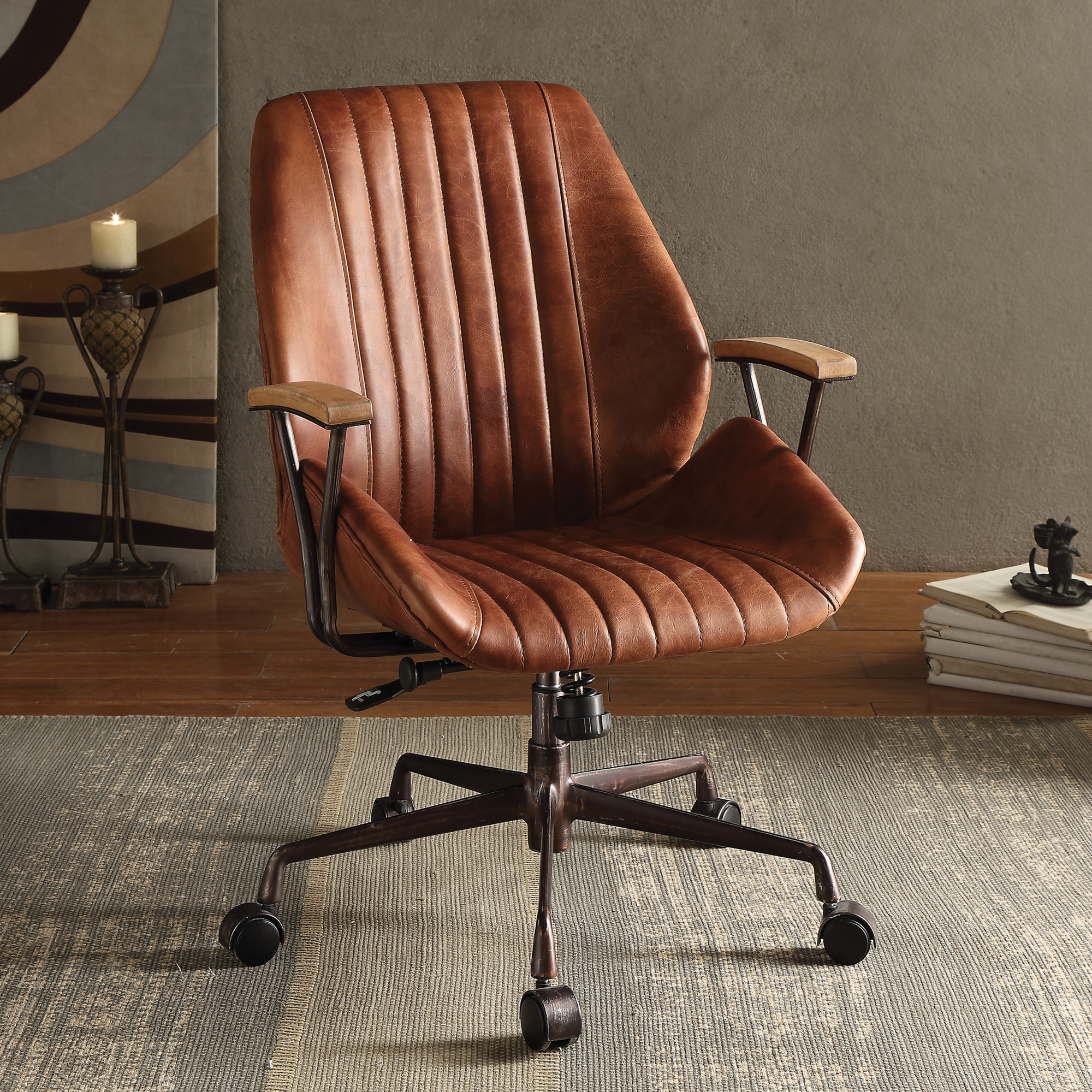 Cortona Coffee Top Grain Leather Office Chair with Wooden Armrests and Swivel Base
