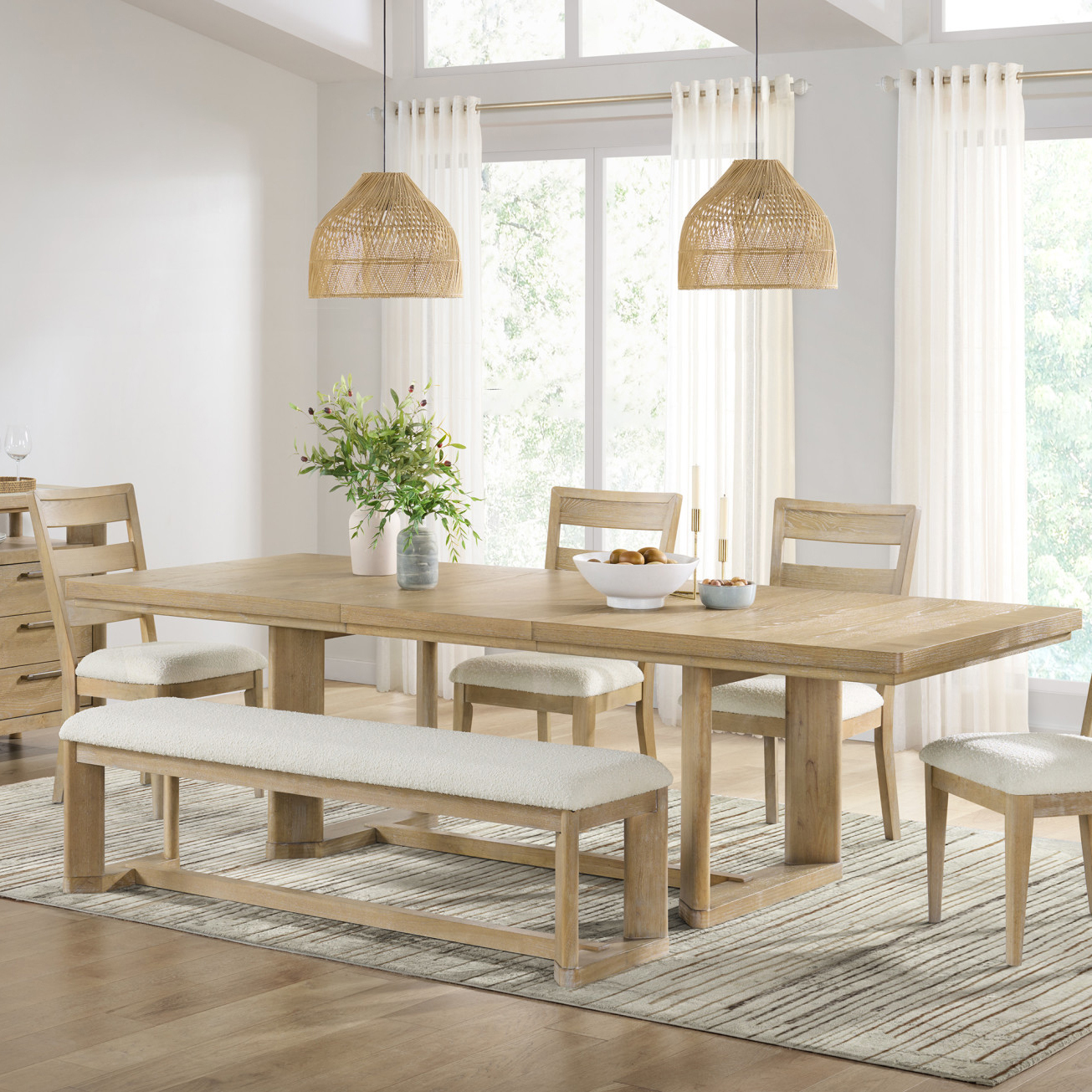 Bennett Solid Wood Trestle Dining Table with Extension Leaf, Beige Finish