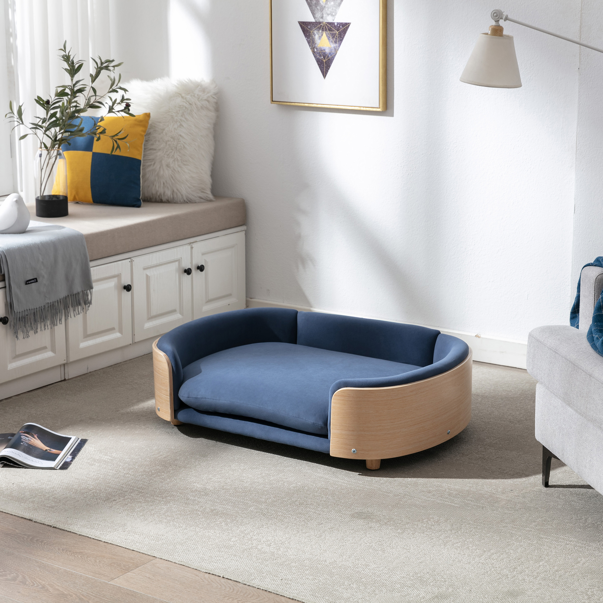 Oslo Elevated Bentwood Pet Sofa, Blue Velvet