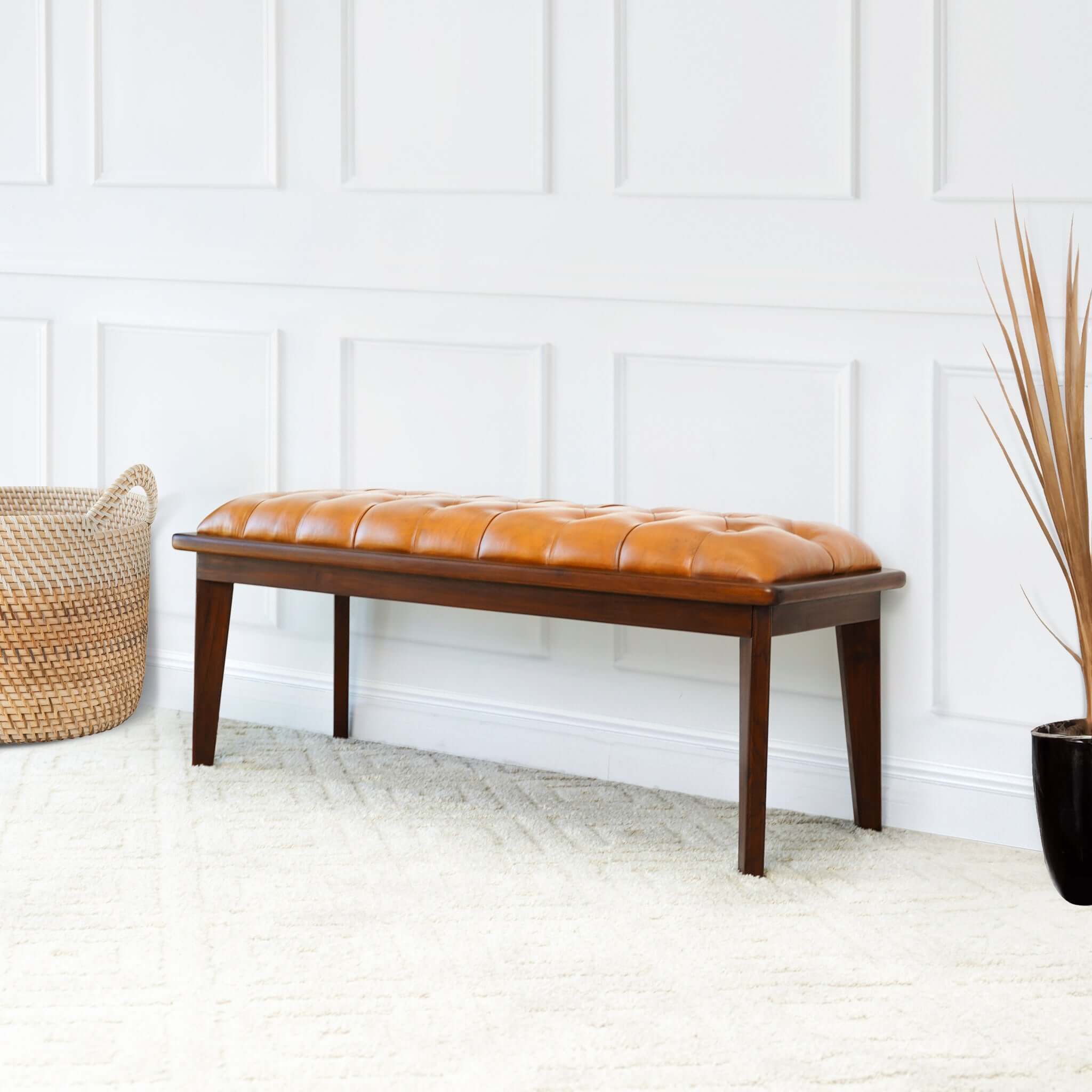Marques Genuine Leather & Teak Wood Tufted Entryway Bench