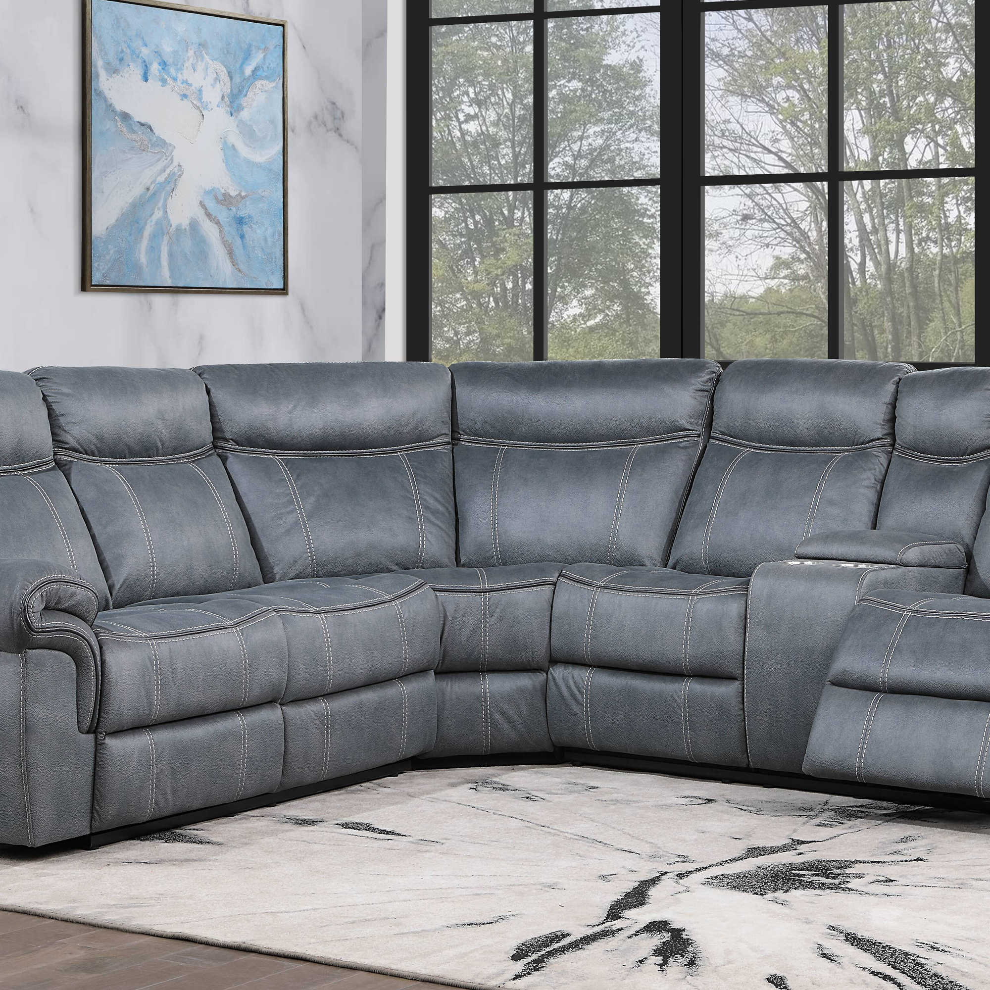 Granby Manual Reclining Sectional Sofa with Console, Nubuck Top Grain Leather, Graphite Blue
