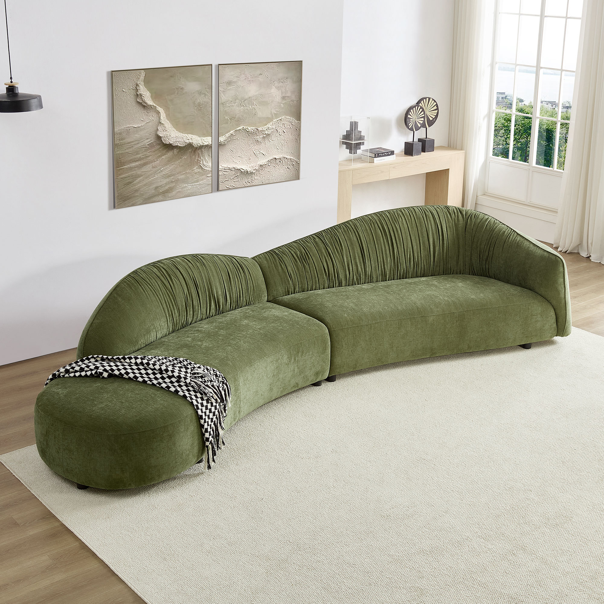 Ardelle Curved Right Arm Facing Pleated-Back Sofa, Green