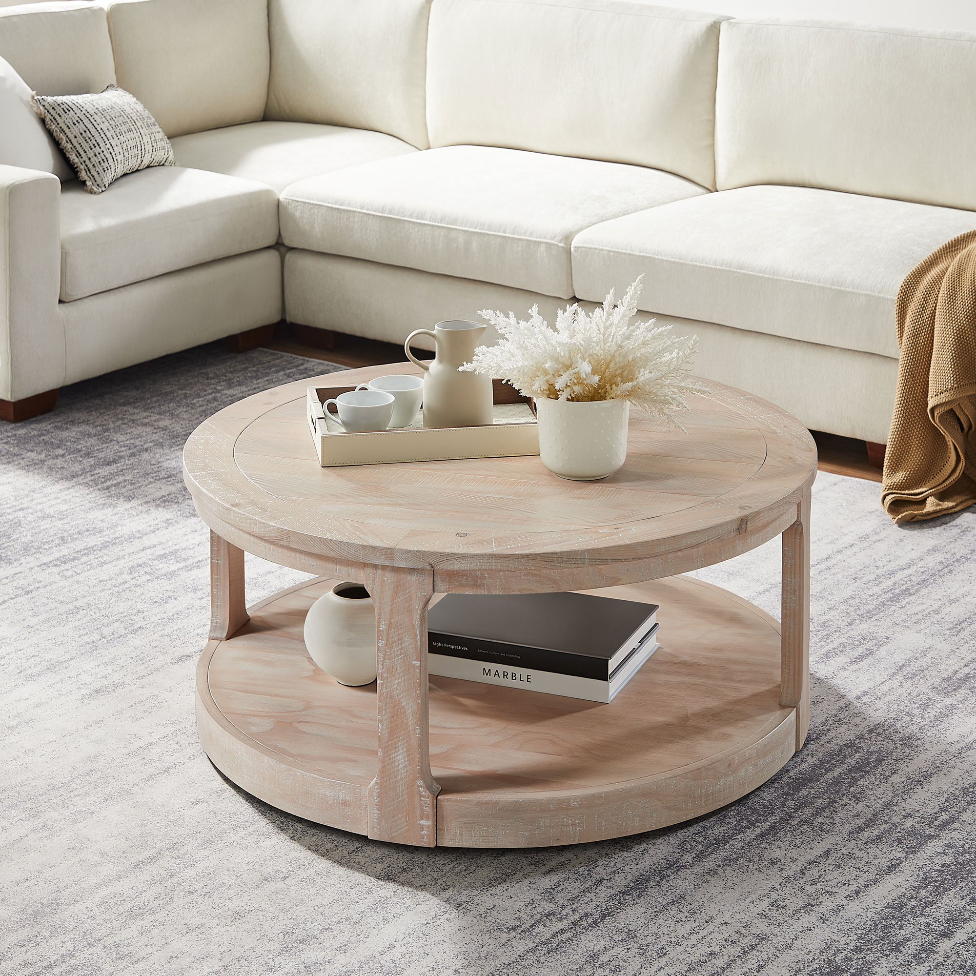Langford Rustic Round Coffee Table with Open Shelf Storage and Textured Oak Finish