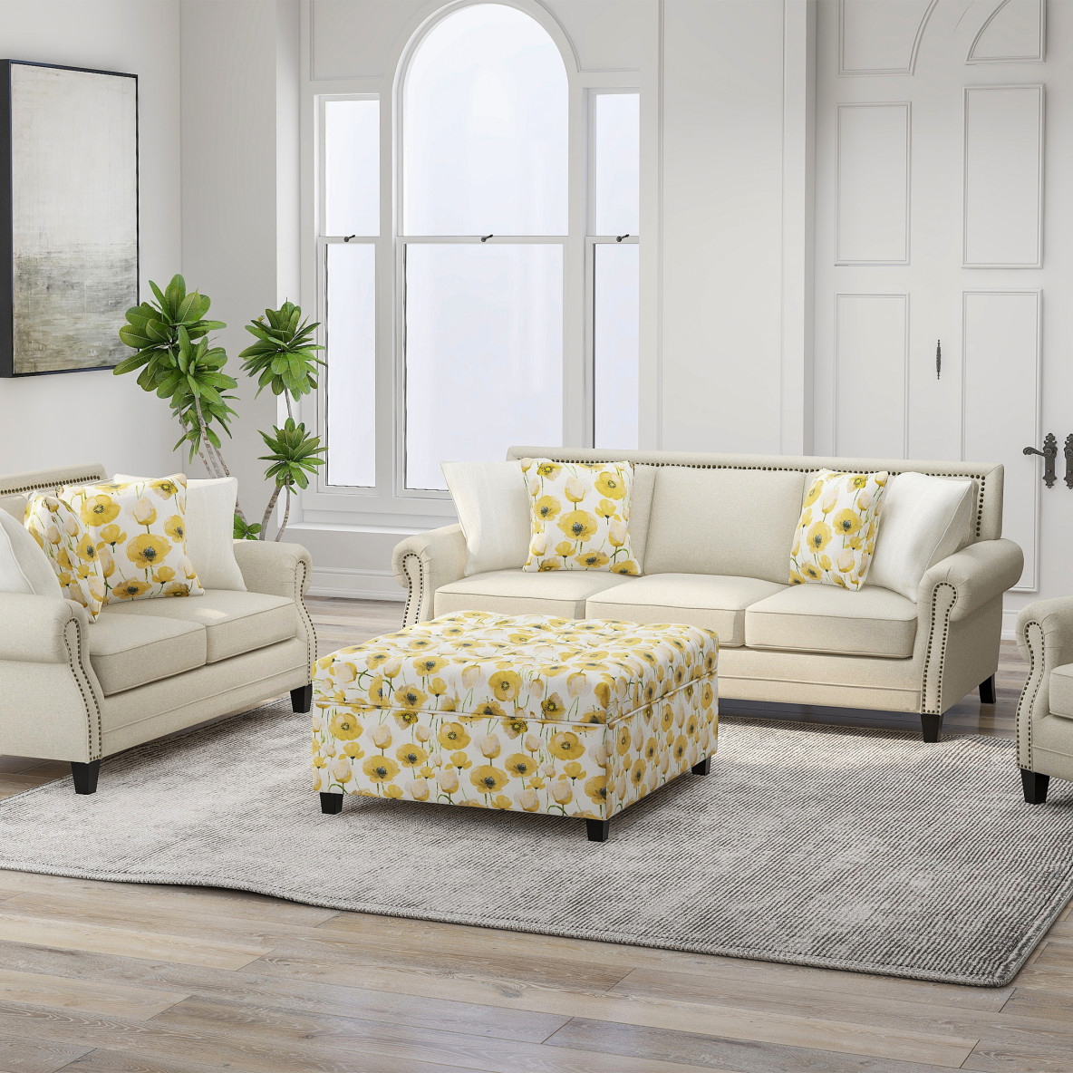 Marigold Square Tufted Storage Ottoman in Golden Poppy Floral Upholstery