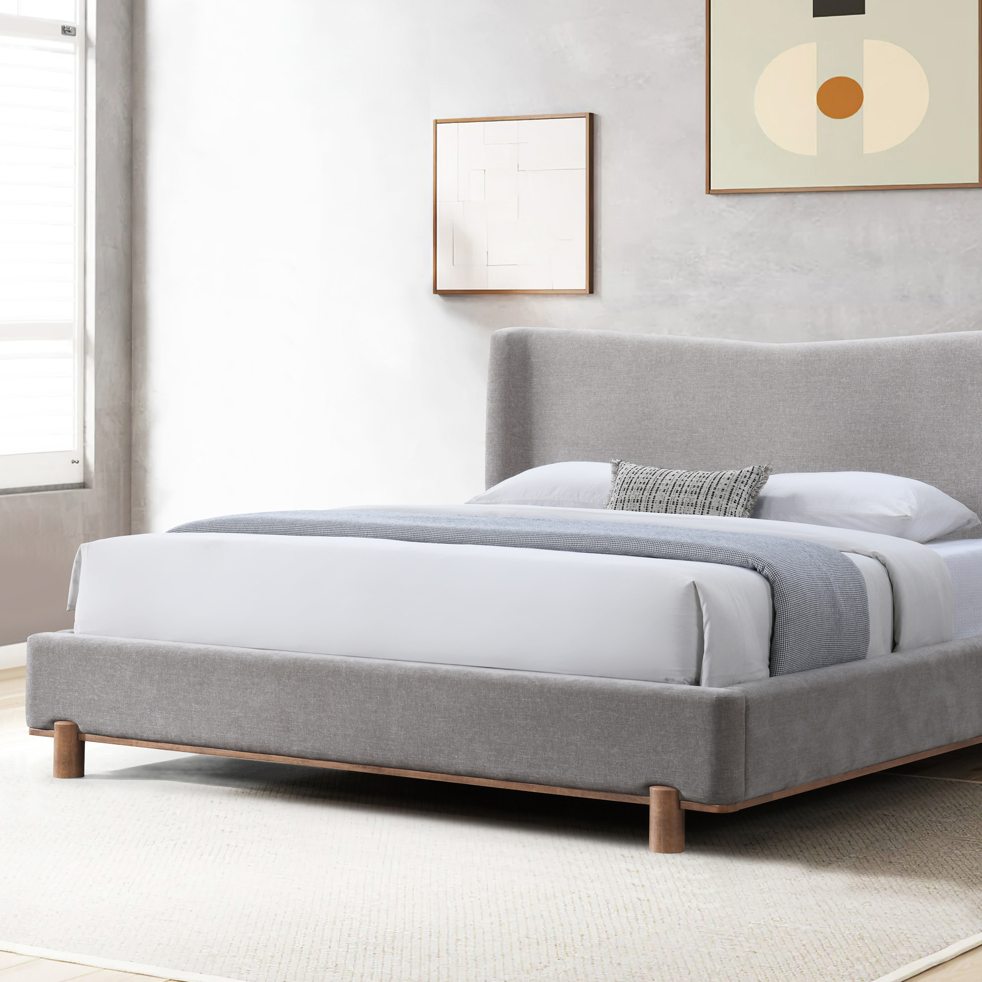Veraine Wingback Upholstered Platform Bed, Queen, Light Gray Chenille