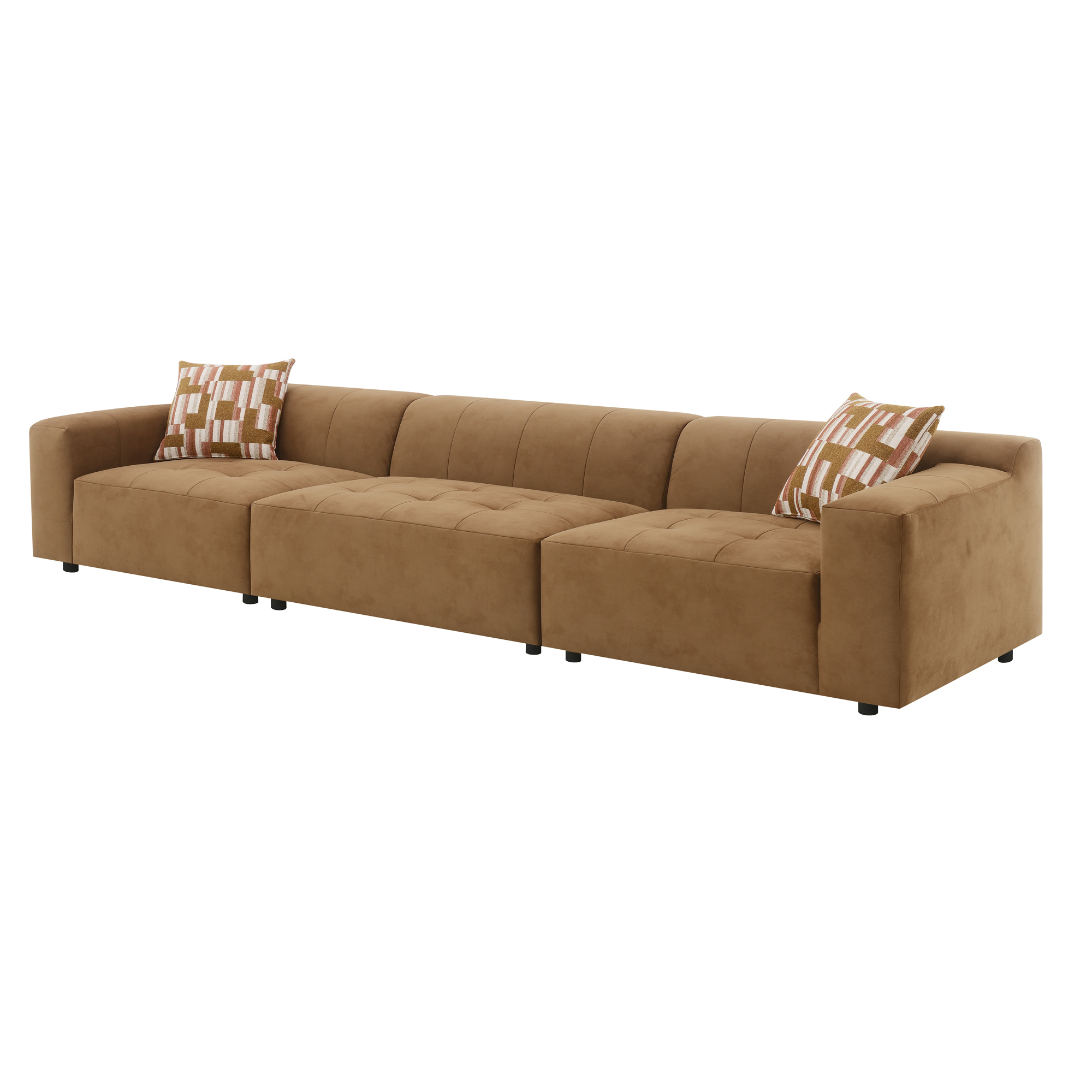 Hayworth 3-Piece Modular Sofa Set with Tufted Seat and Matching Pillows, Suede Camel