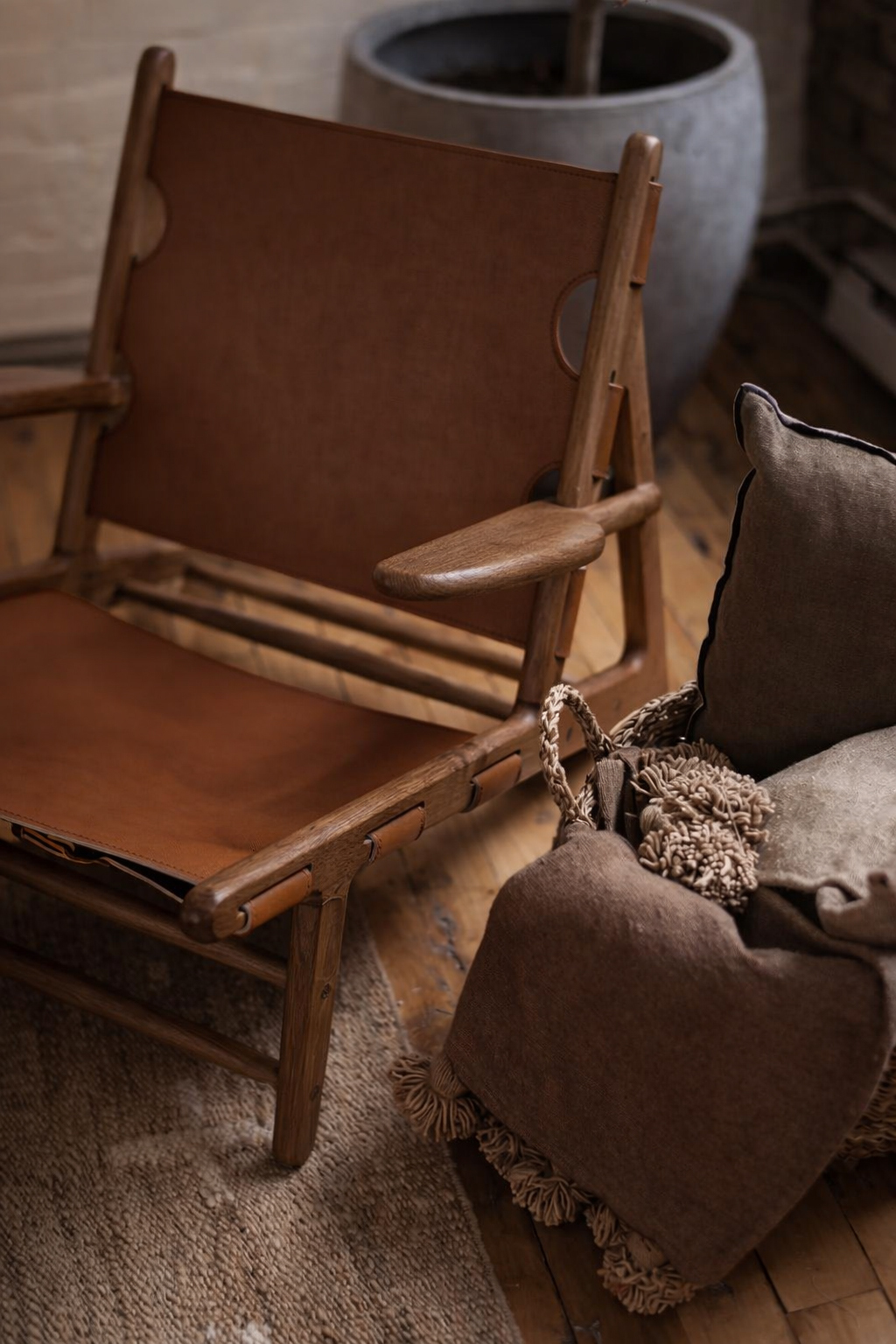 Redwood Ridge Mid-Century Modern Solid American Walnut Hunting Armchair with Performance Vegan Leather Sling Seat
