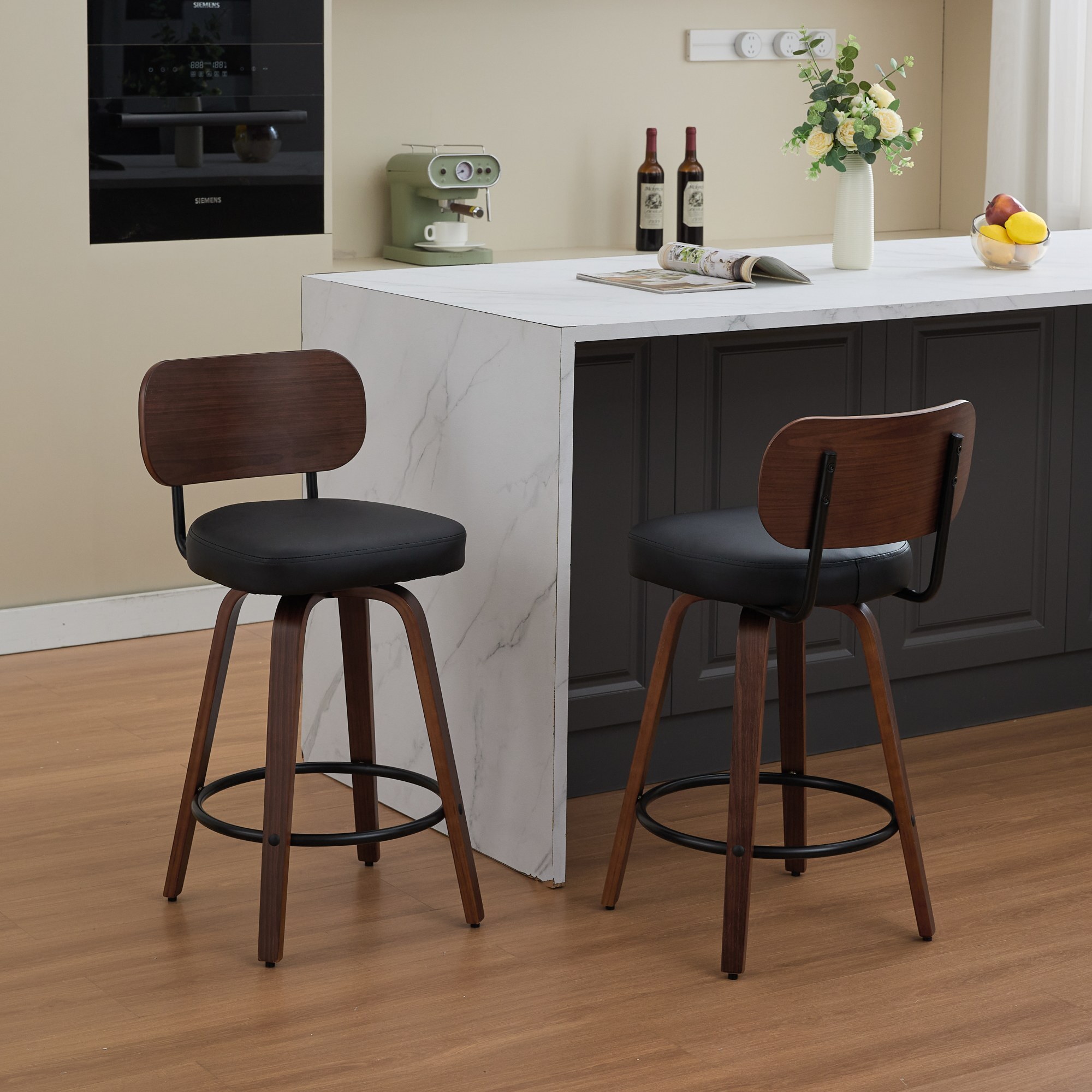 Ellis Faux Leather Swivel Counter Stools with Bentwood Frame and Walnut Veneer, Set of 2, Black
