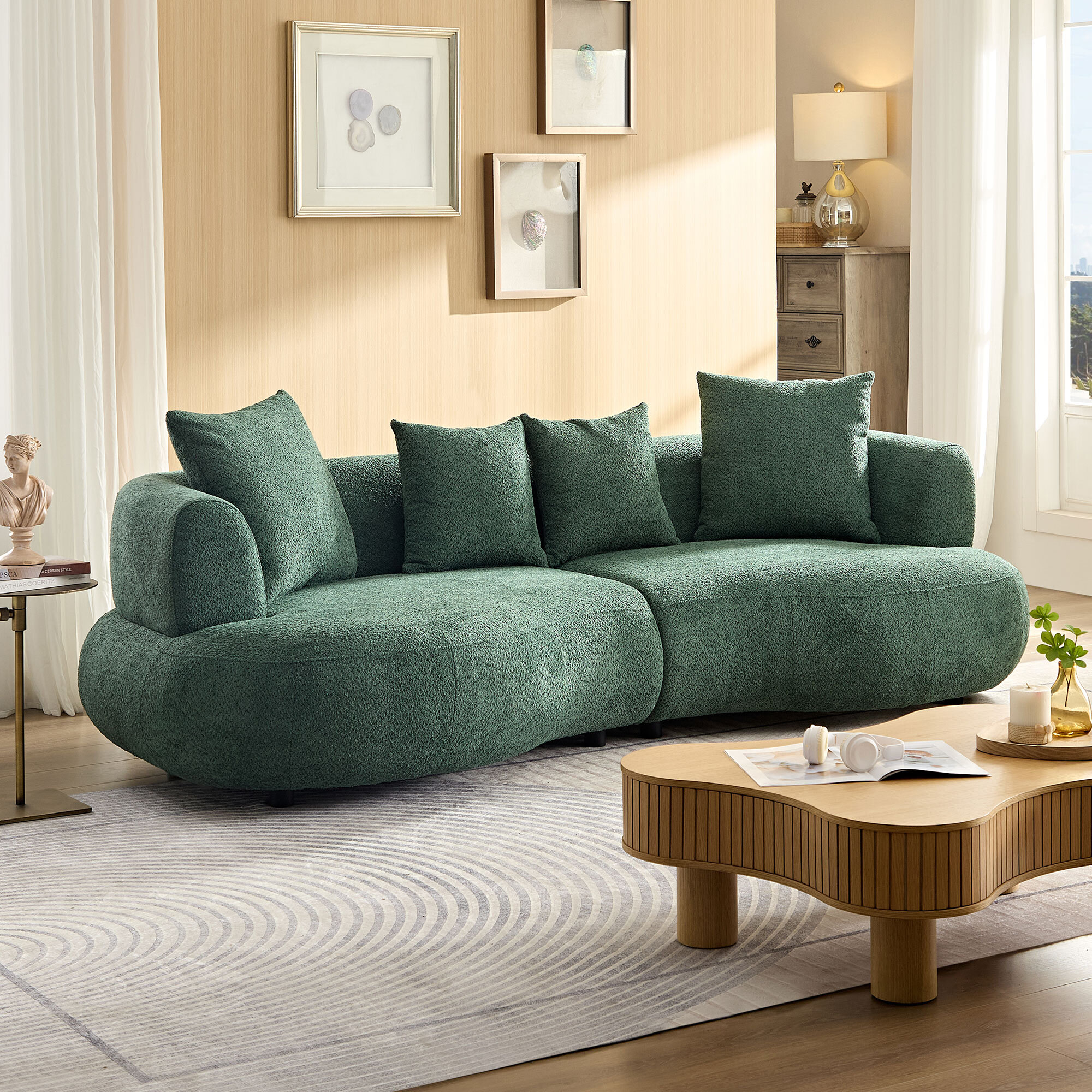 Cavelli Curved Bouclé Sofa with Accent Pillows, Green