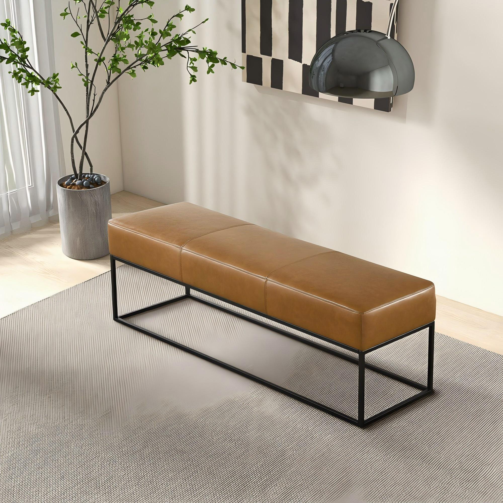 Amory Bench in Tan Genuine Leather with Teak Frame and Metal Base