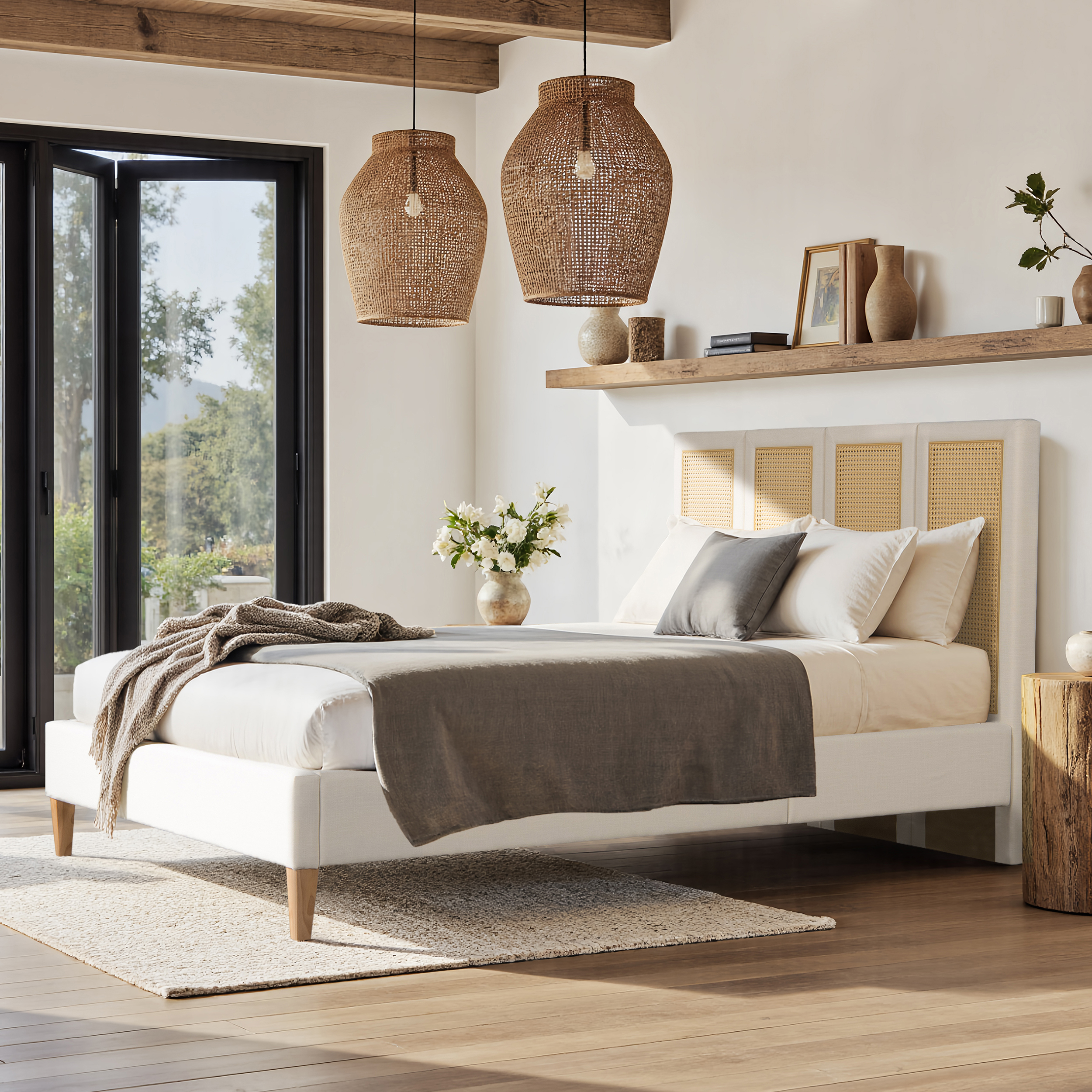 Toscana Upholstered Cane Back Platform Bed, Queen, Antique White