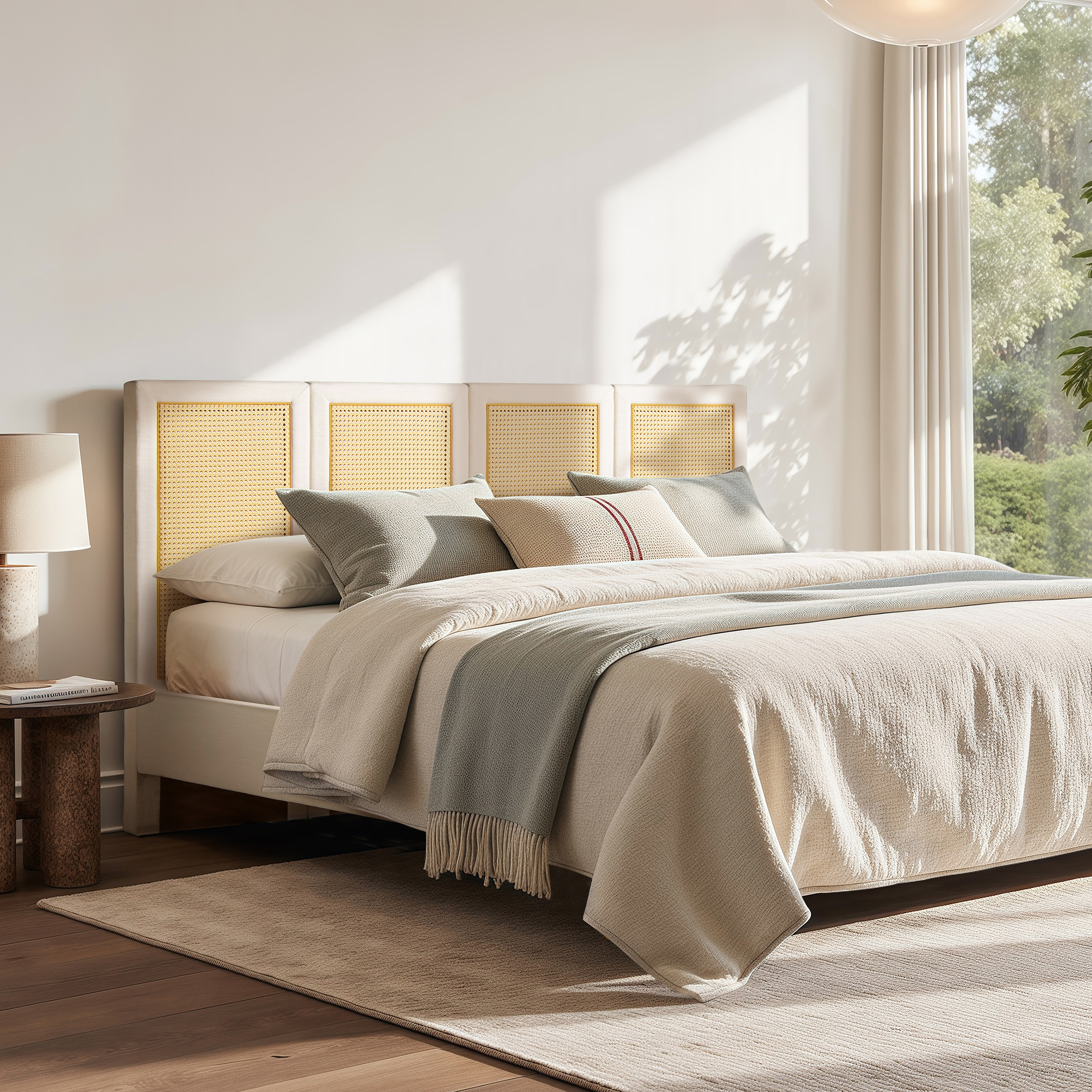 Toscana Upholstered Cane Back Platform Bed, King, Antique White