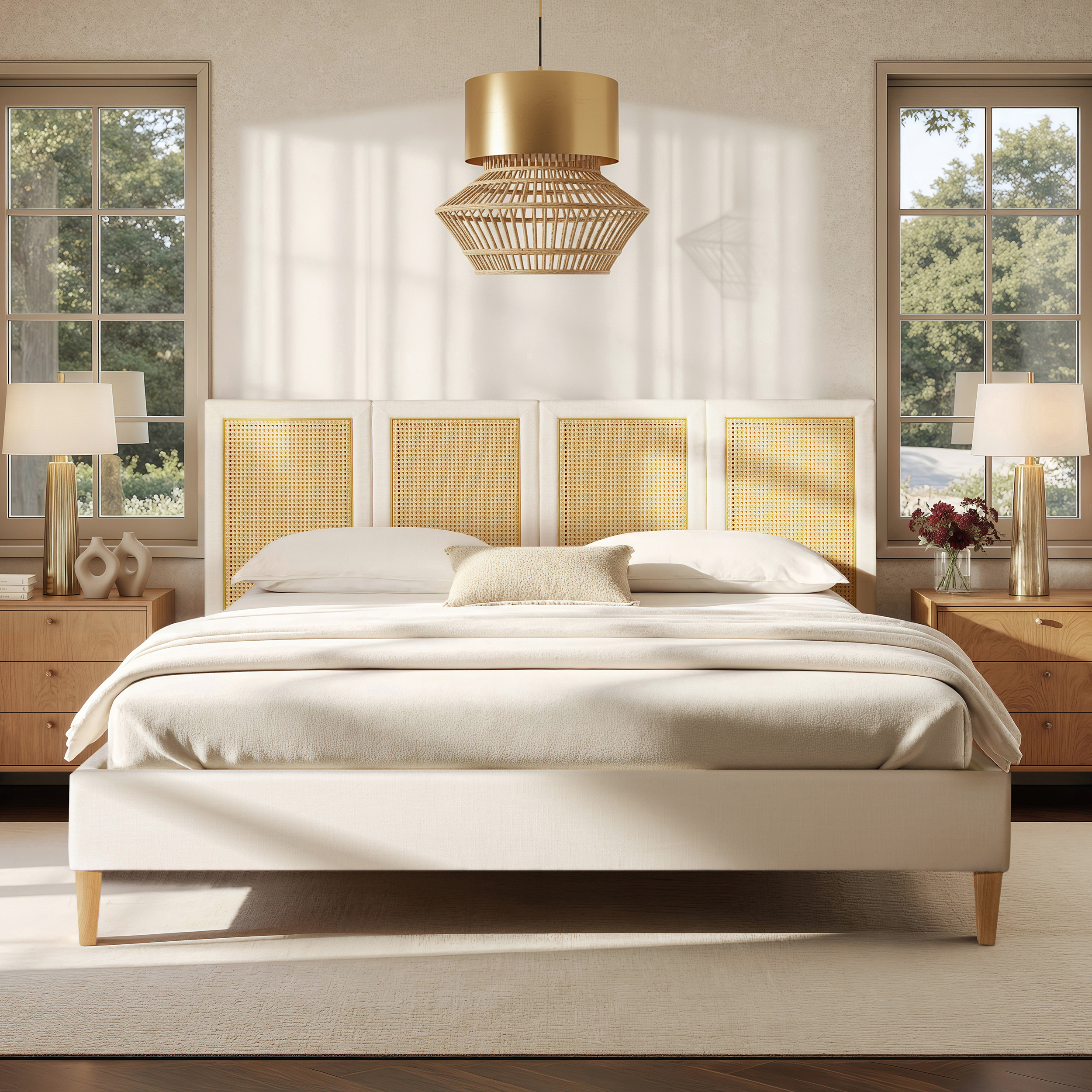 Toscana Upholstered Cane Back Platform Bed, King, Antique White