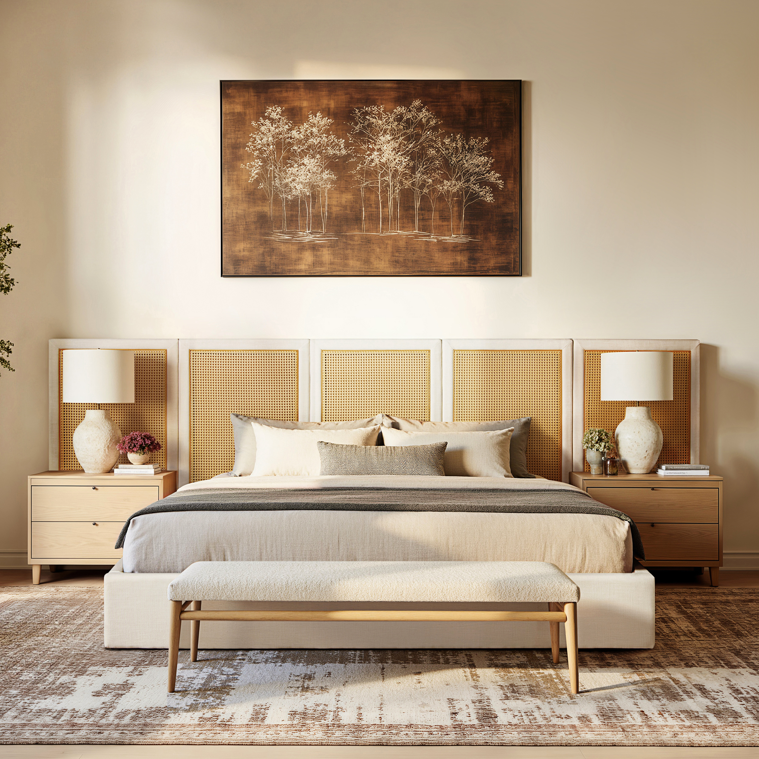 Capri Extended Headboard Cane Platform Bed, King, Antique White