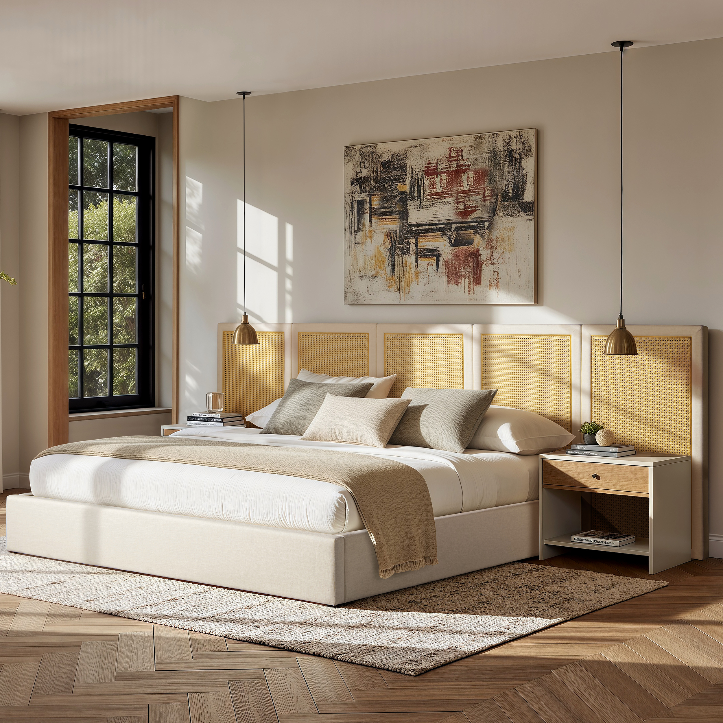 Capri Extended Headboard Cane Platform Bed, King, Antique White