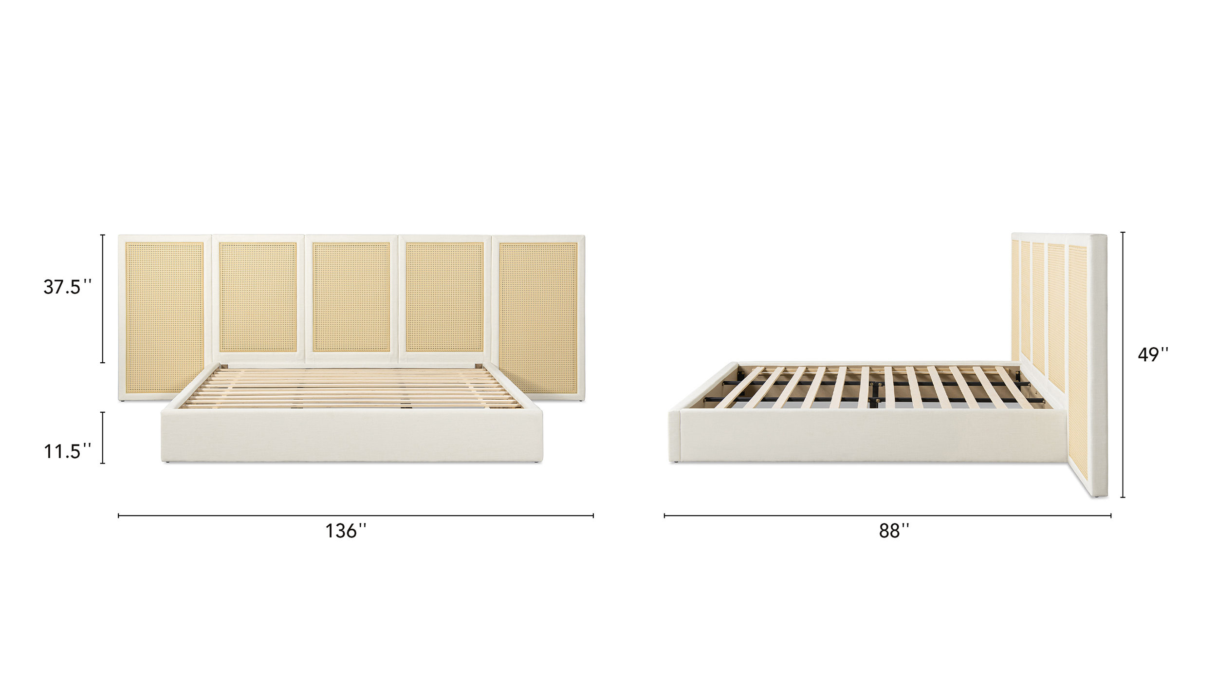 Haley Upholstered Cane-Back Platform Bed, King, Snow White Capri Extended Headboard Cane Platform Bed, King, Antique White