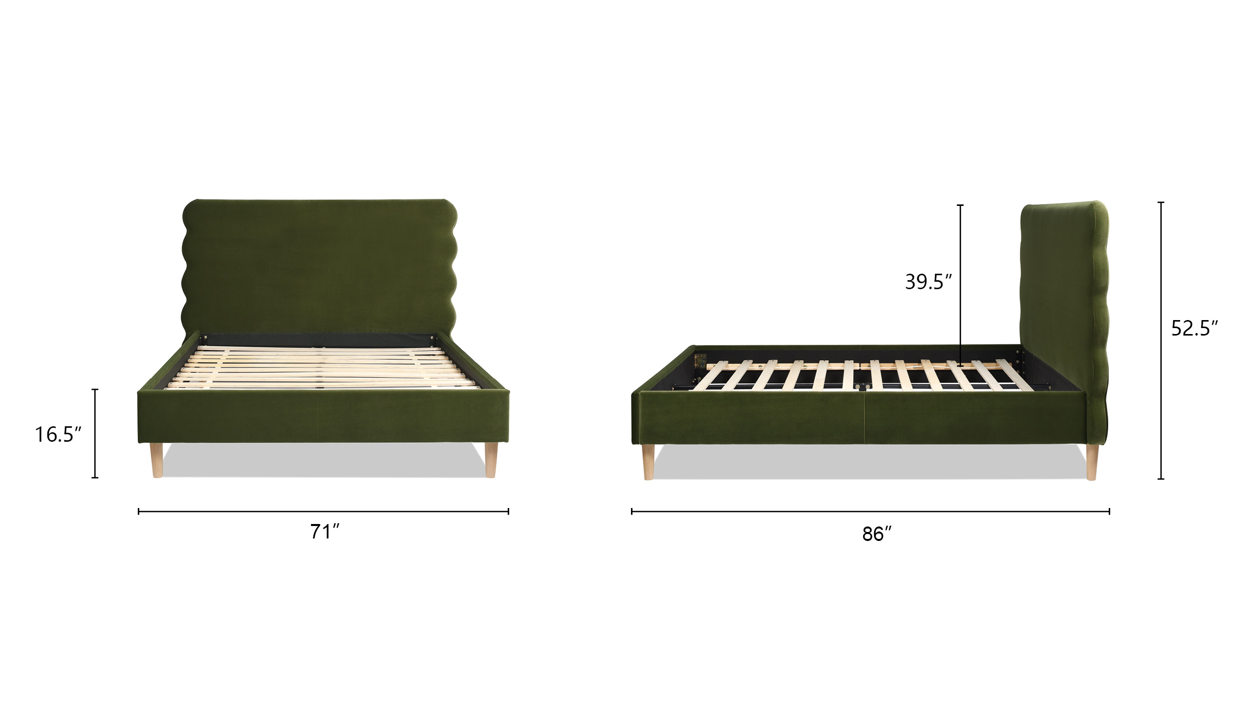 Stockholm Modern Wavy Headboard Platform Bed, Queen, Olive Green