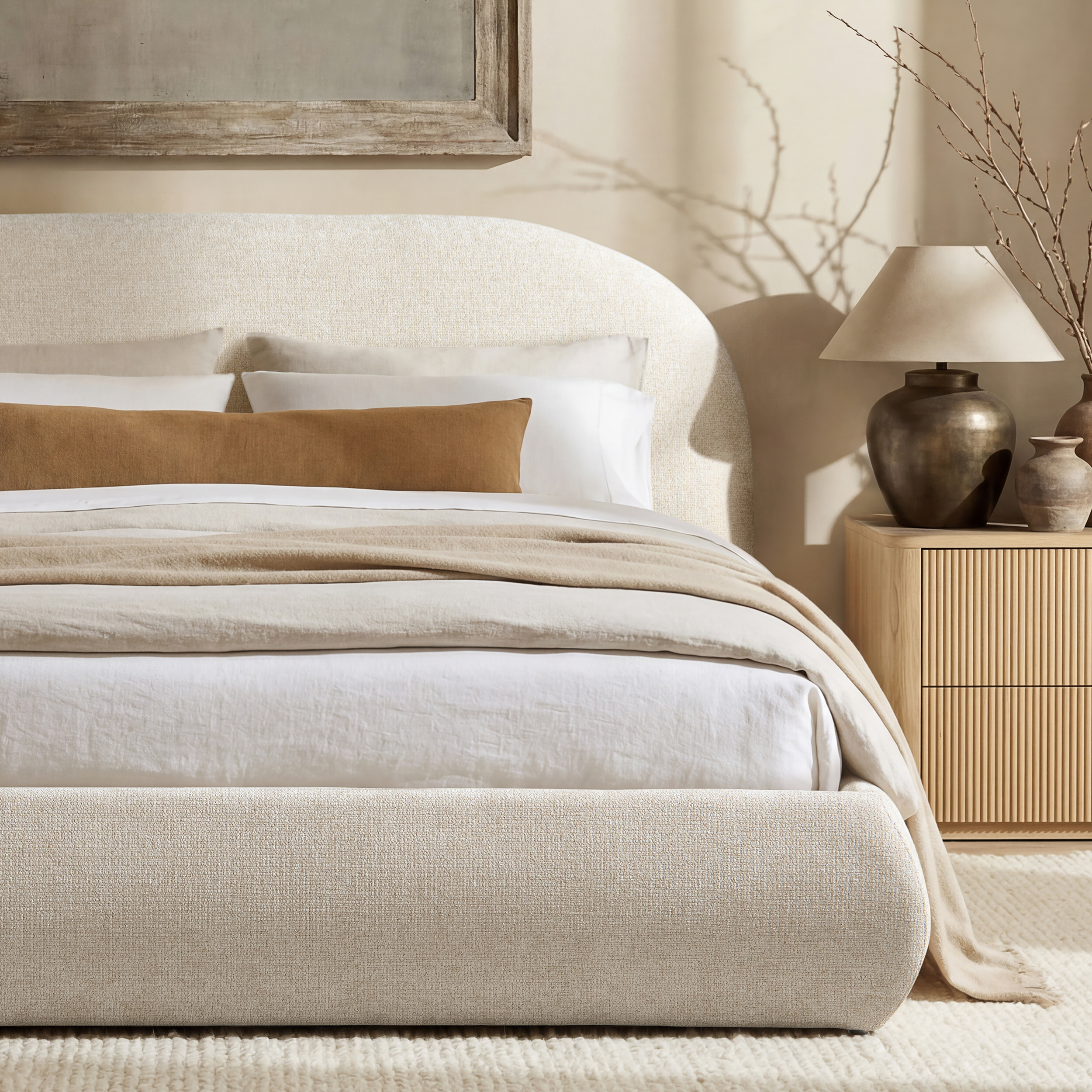 Archie Puffy Grounded Upholstered Platform Bed, Almond White