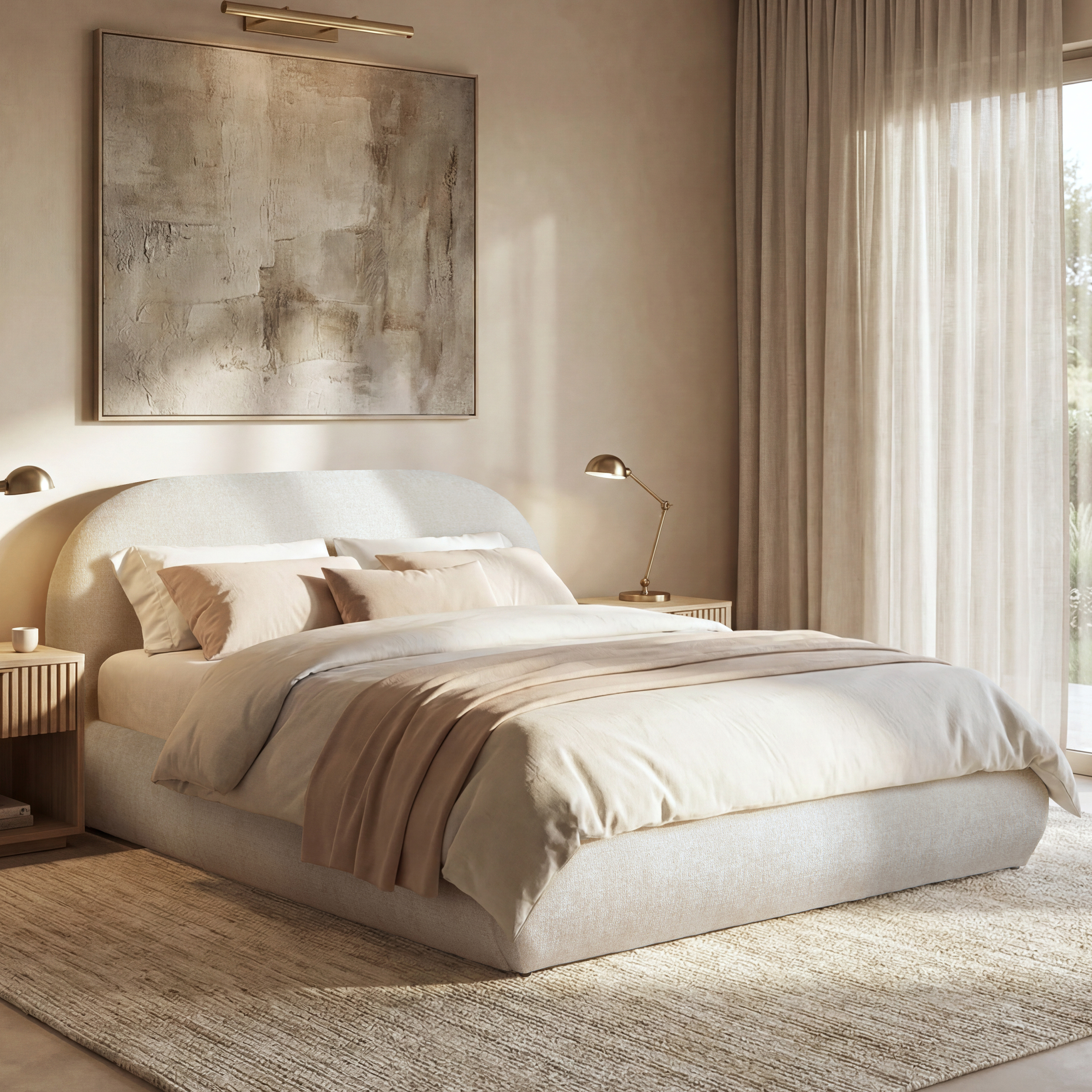 Archie Puffy Grounded Upholstered Platform Bed, Almond White