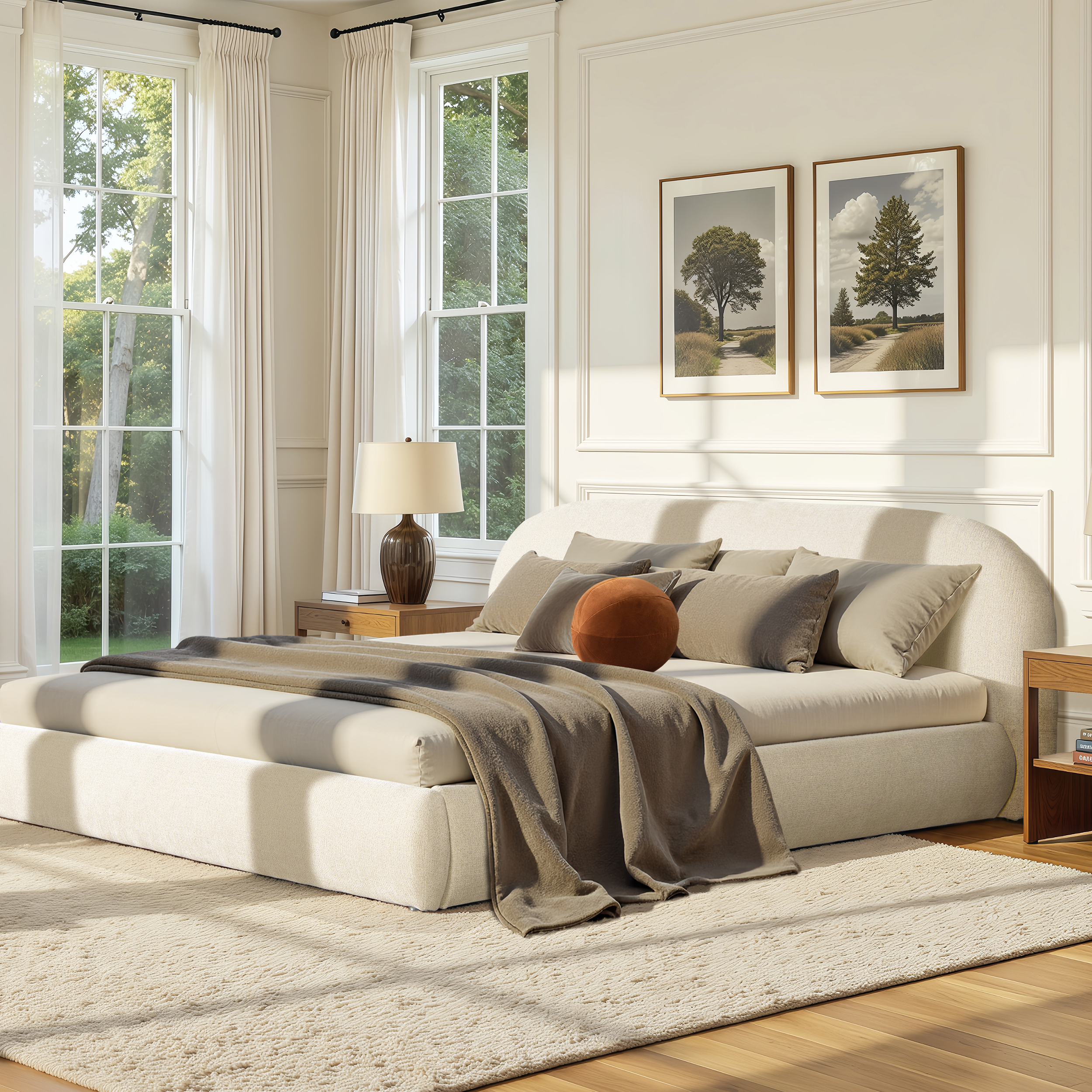 Archie Puffy Grounded Upholstered Platform Bed, Almond White