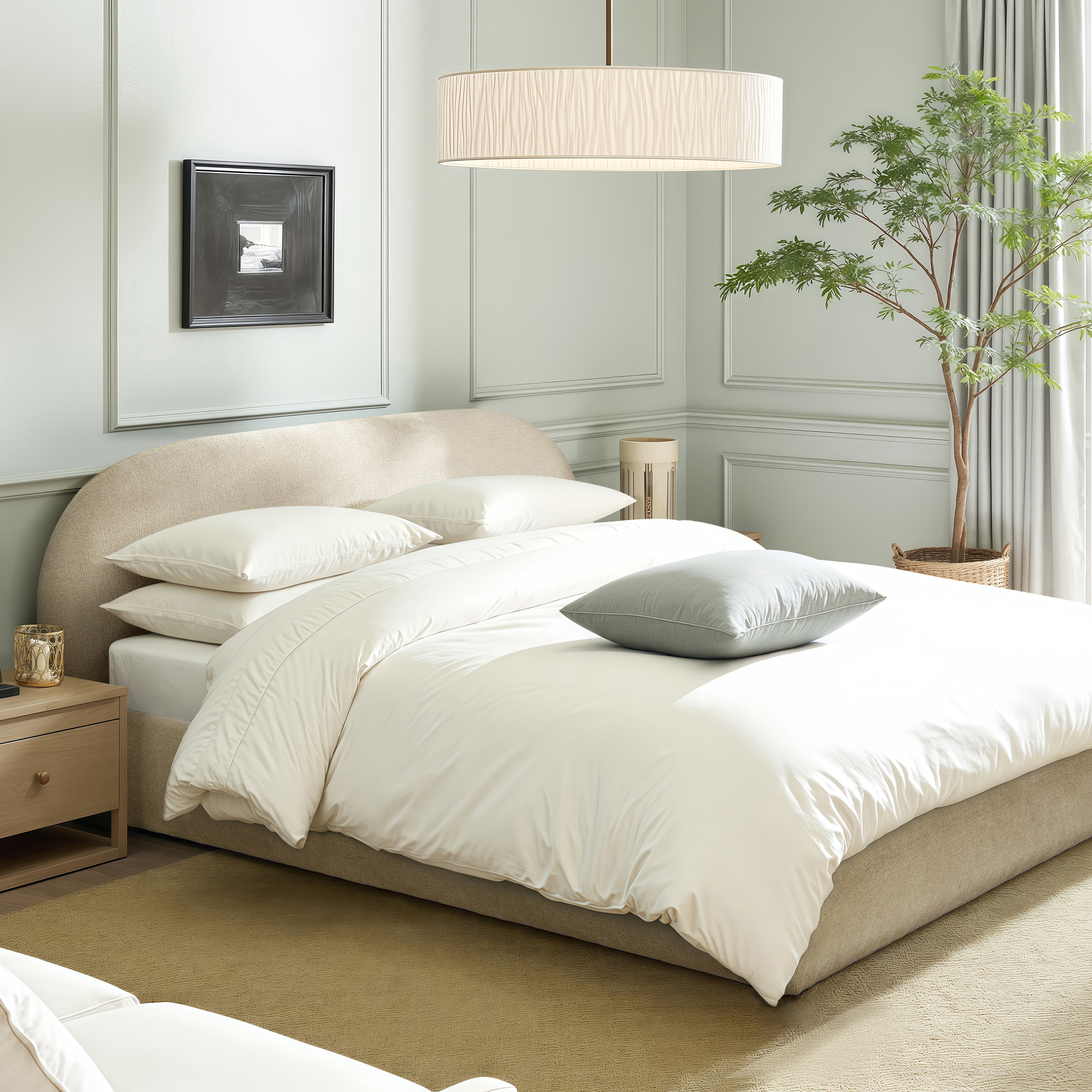 Archie Puffy Grounded Upholstered Platform Bed, Almond White