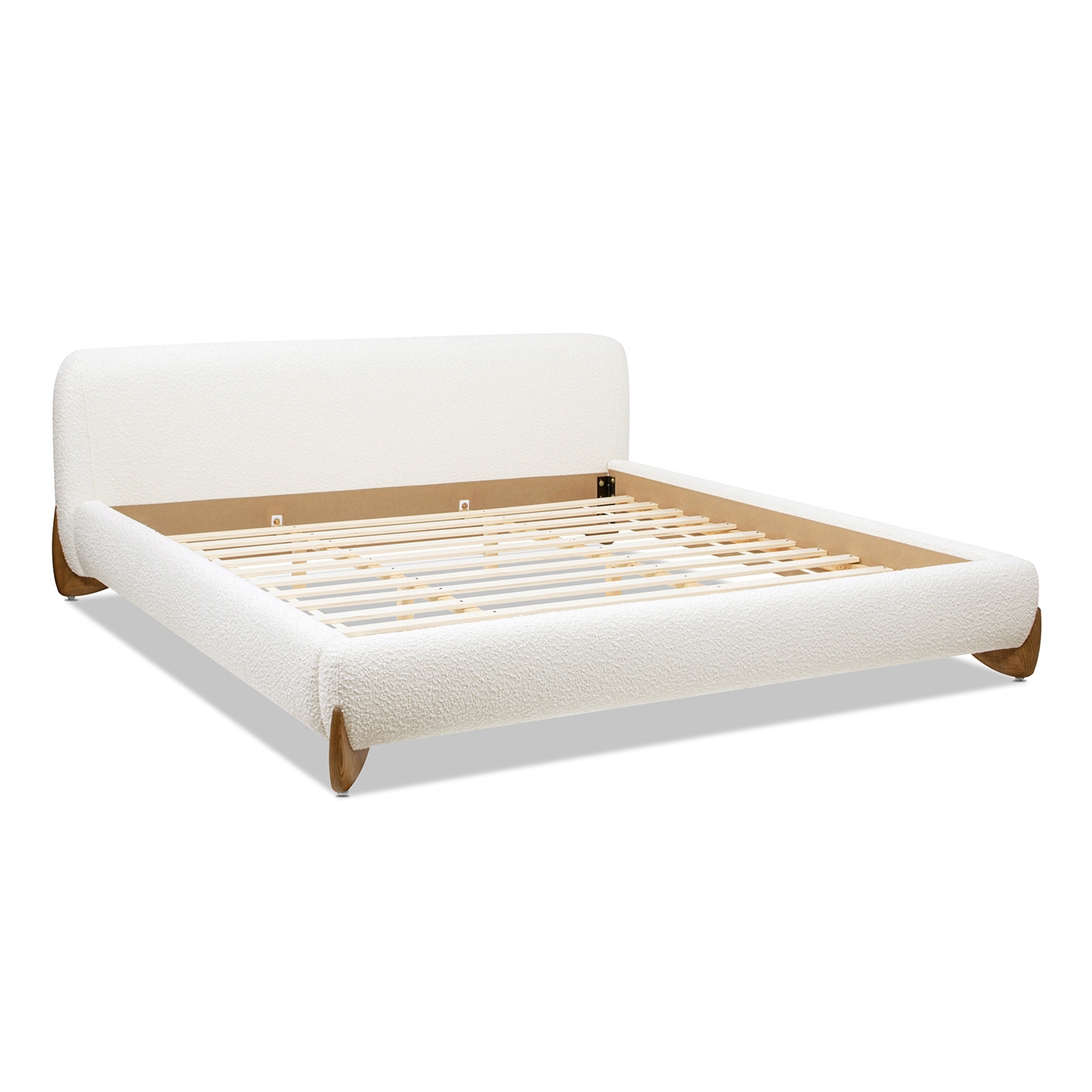 Alpine Puffy Modern Platform Bed, King, Ivory White Bouclé