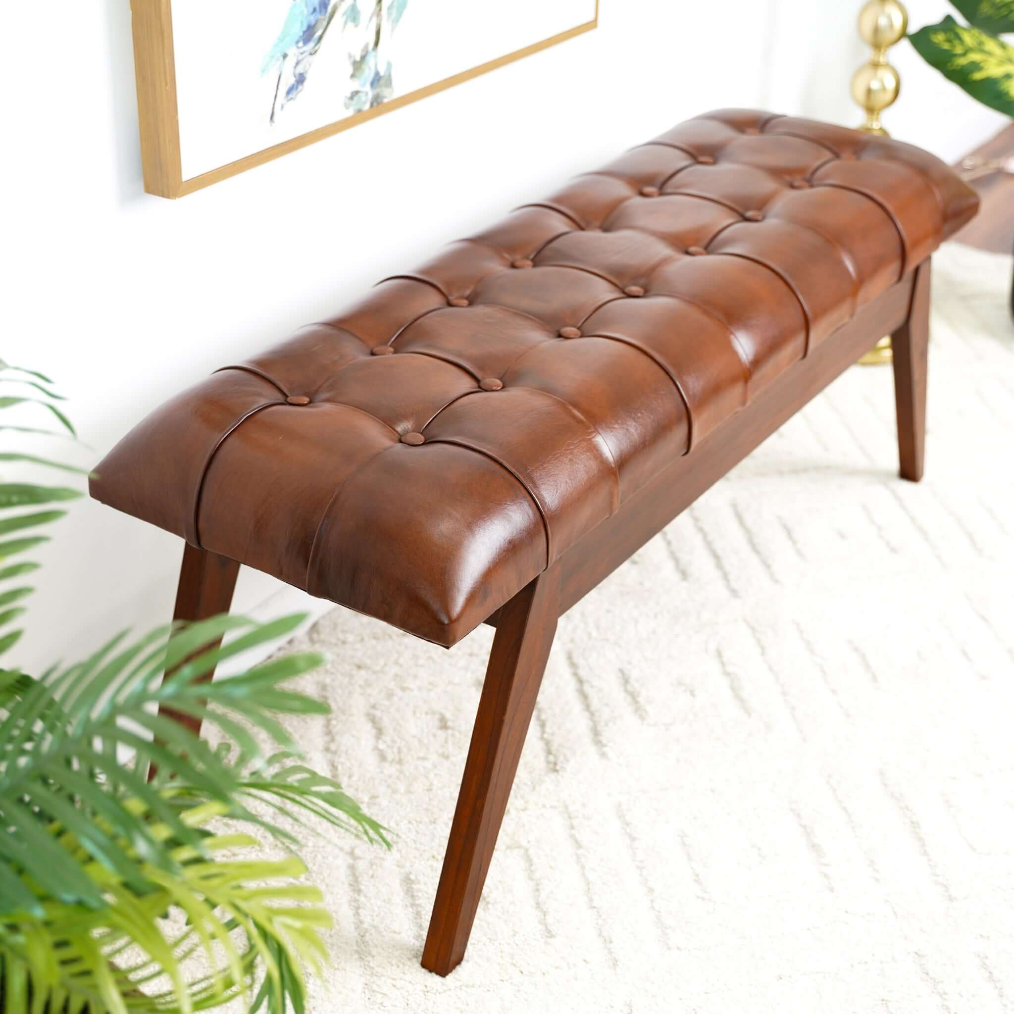 Emery Mid-Century Genuine Leather Entryway Bench, Cognac Tan