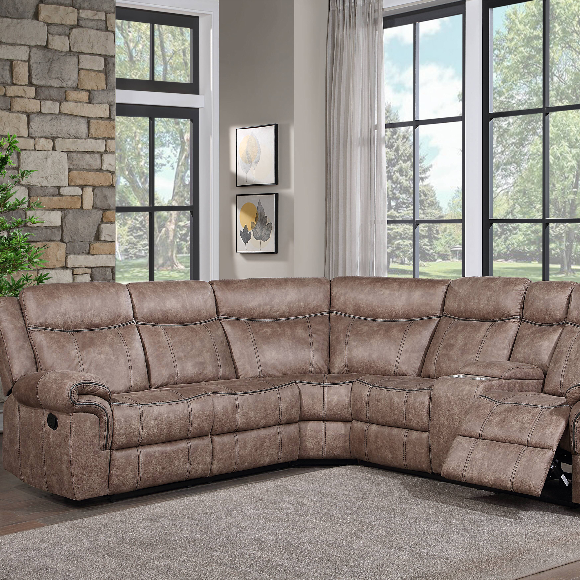 Granby Manual Reclining Sectional Sofa with Console, Nubuck Top Grain Leather, Chocolate