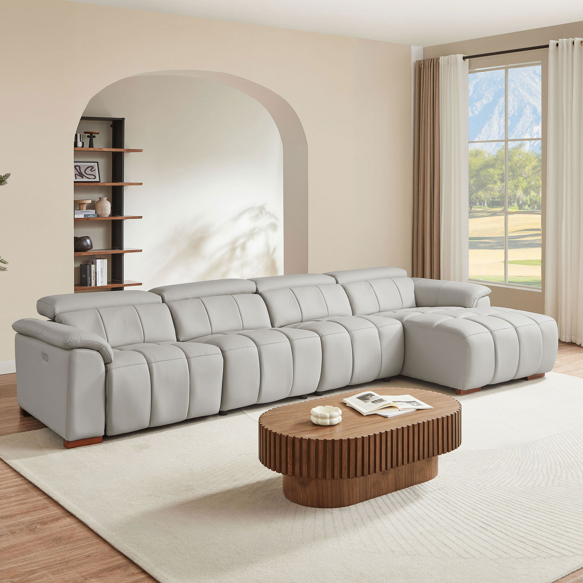 Montero Right-Hand-Facing Genuine Leather Power Reclining Sectional Sofa with Adjustable Backrests and USB Charging, Light Gray