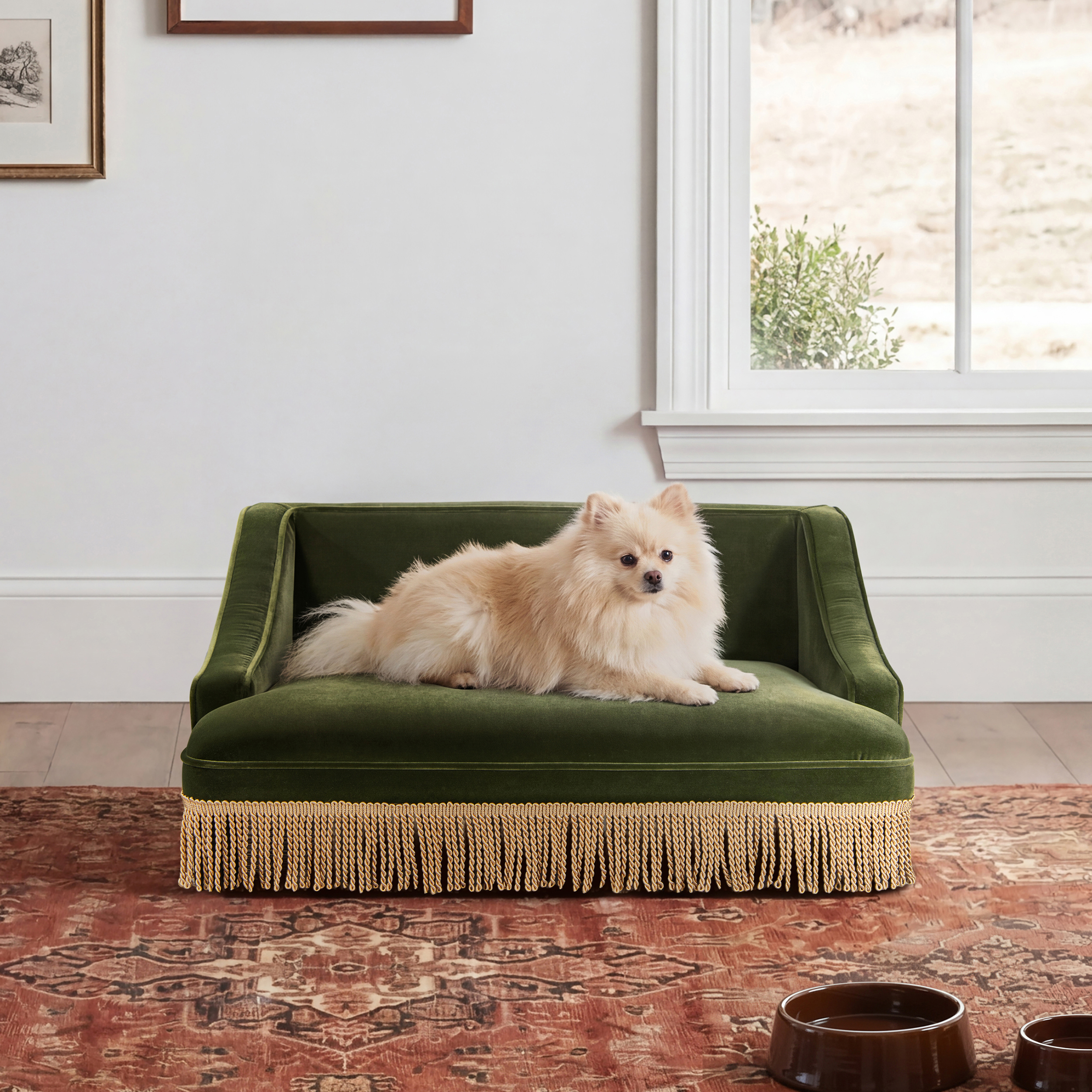Duchess Medium Princess Pet Bed Sofa with Fringe Skirt, Olive Green
