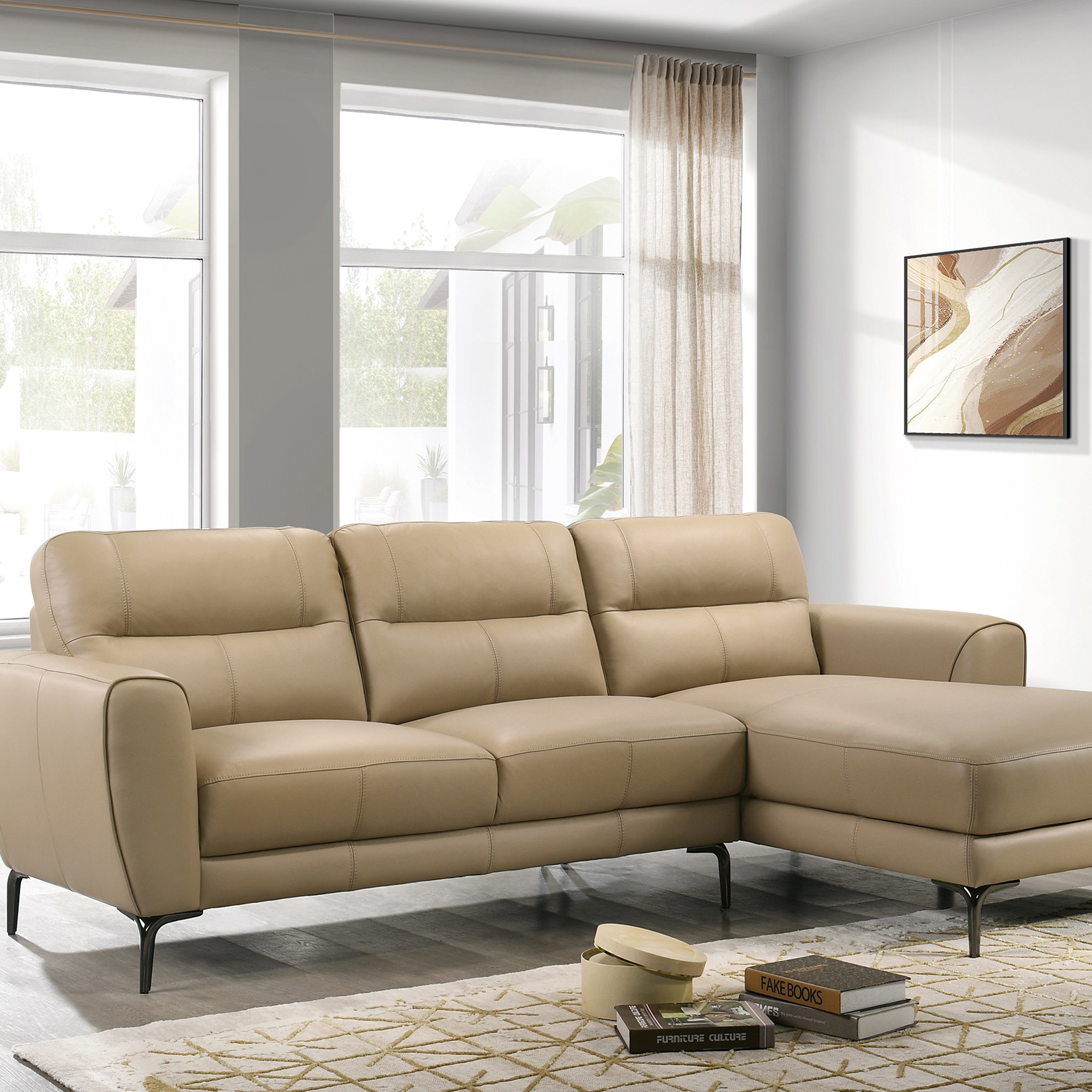 Vail Right-Facing Top Grain Leather Sectional Sofa, Taupe